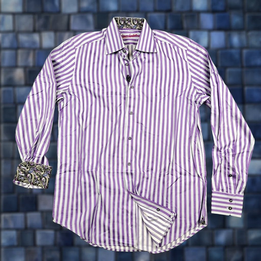 Robert Graham Robert Graham Shirt Mens M Purple Stripe Cotton Long Sleeve Button-Up Size US M / EU 48-50 / 2 - 1 Thumbnail