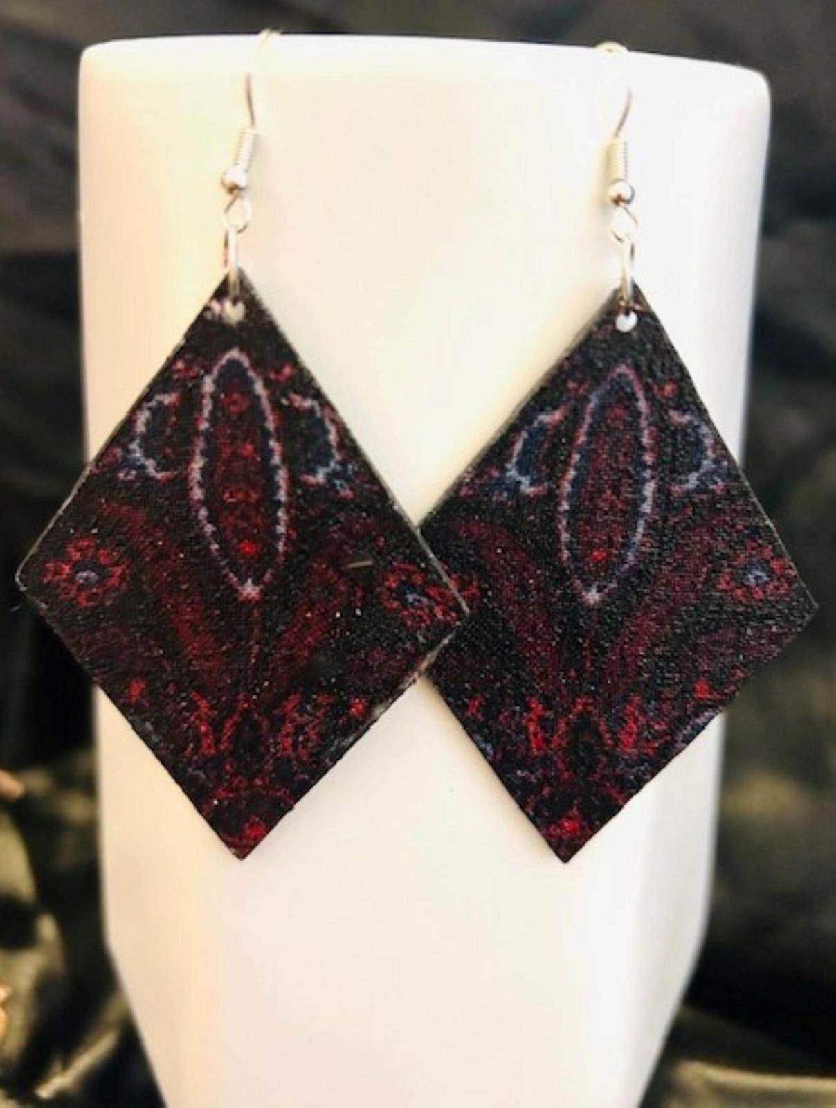 Designer Dark Paisley Earrings Made of Fabric on Wood Size ONE SIZE - 1 Thumbnail