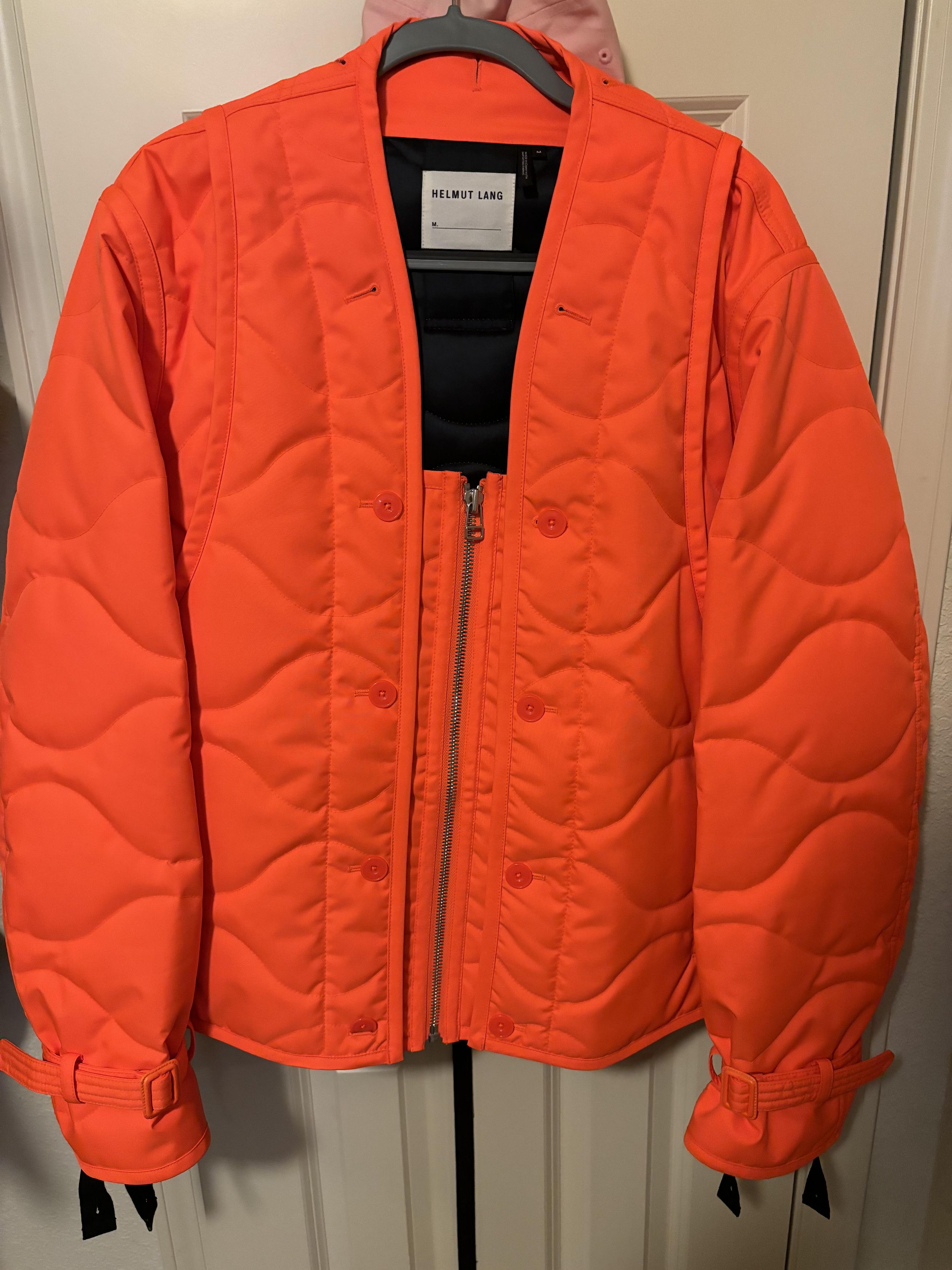 image of Helmut Lang Orange Quilted Thrown On Jacket in Neon Orange, Men's (Size Medium)