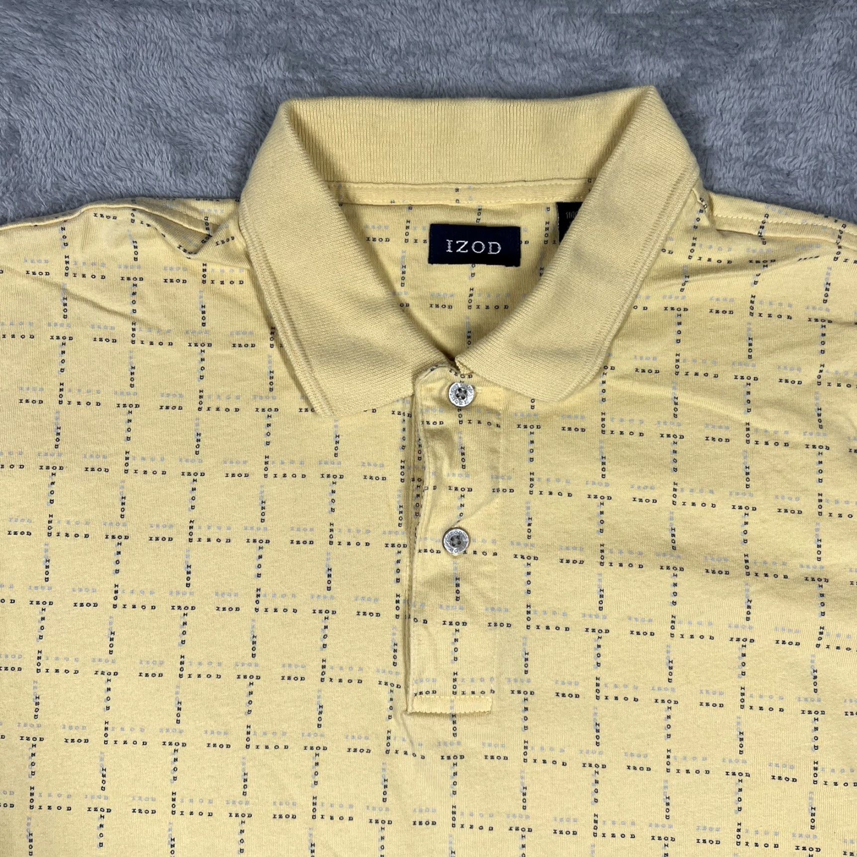 Izod VINTAGE IZOD Polo Shirt Mens Large Striped Text All Over Print Yellow 100% Cotton Short Sleeve Button Closure Casual Rugby Style Retro Modern Mens Size US L / EU 52-54 / 3 - 4 Thumbnail