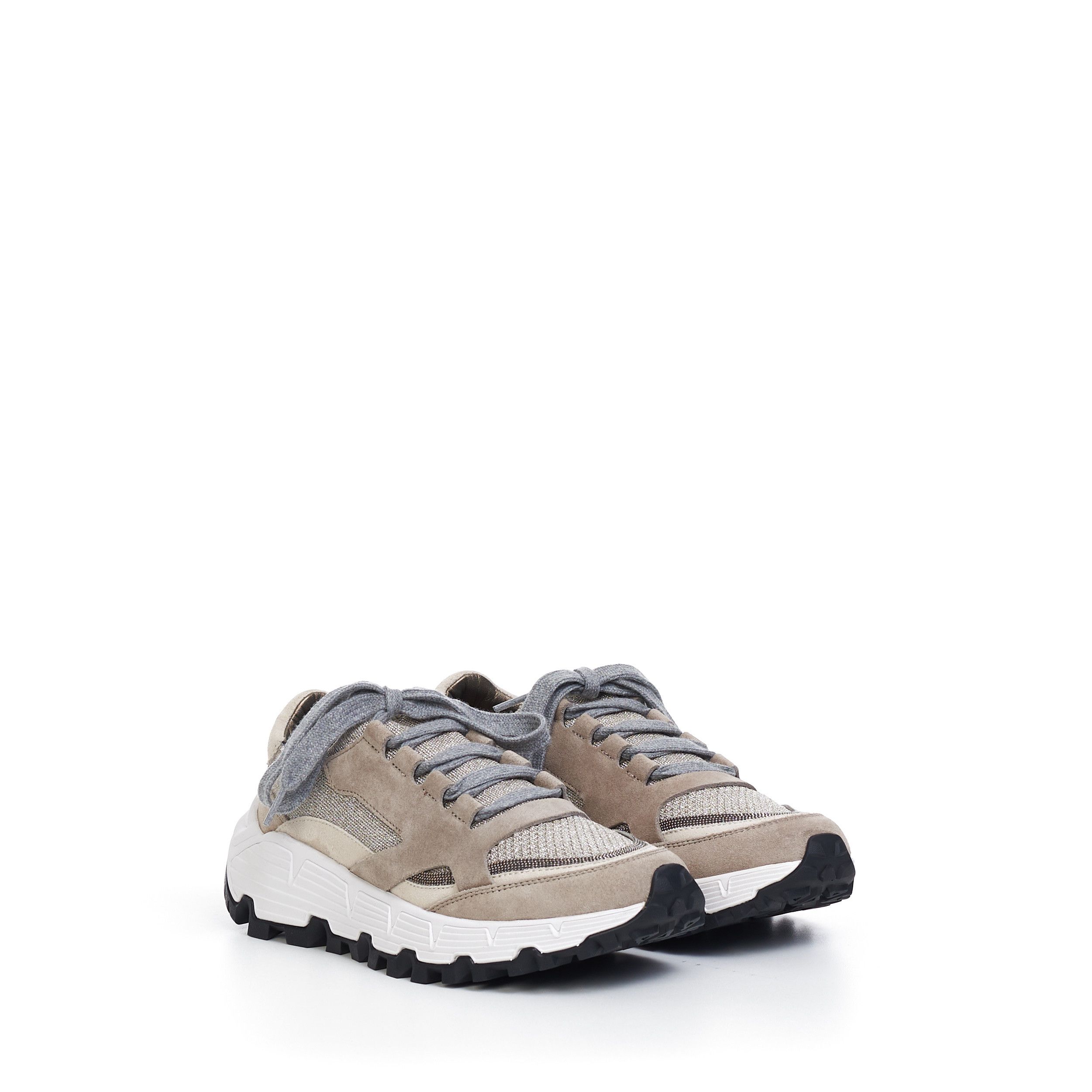 TREKK Leather Panelled Low Top Sneakers In Beige & Grey
