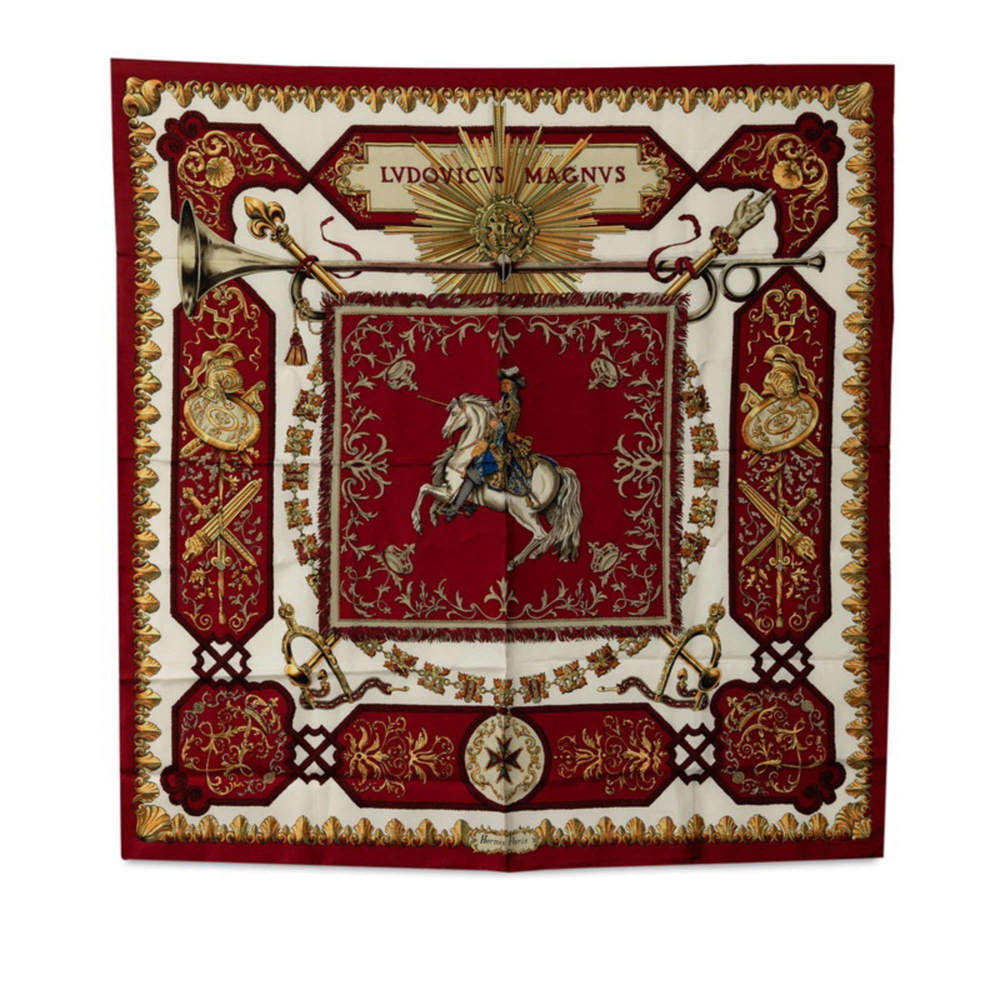 image of Hermes Carré 90 Lvdovicvs Magnvs Louis Xiv On A White Horse Scarf Muffler Wine Red Multicolor Silk 