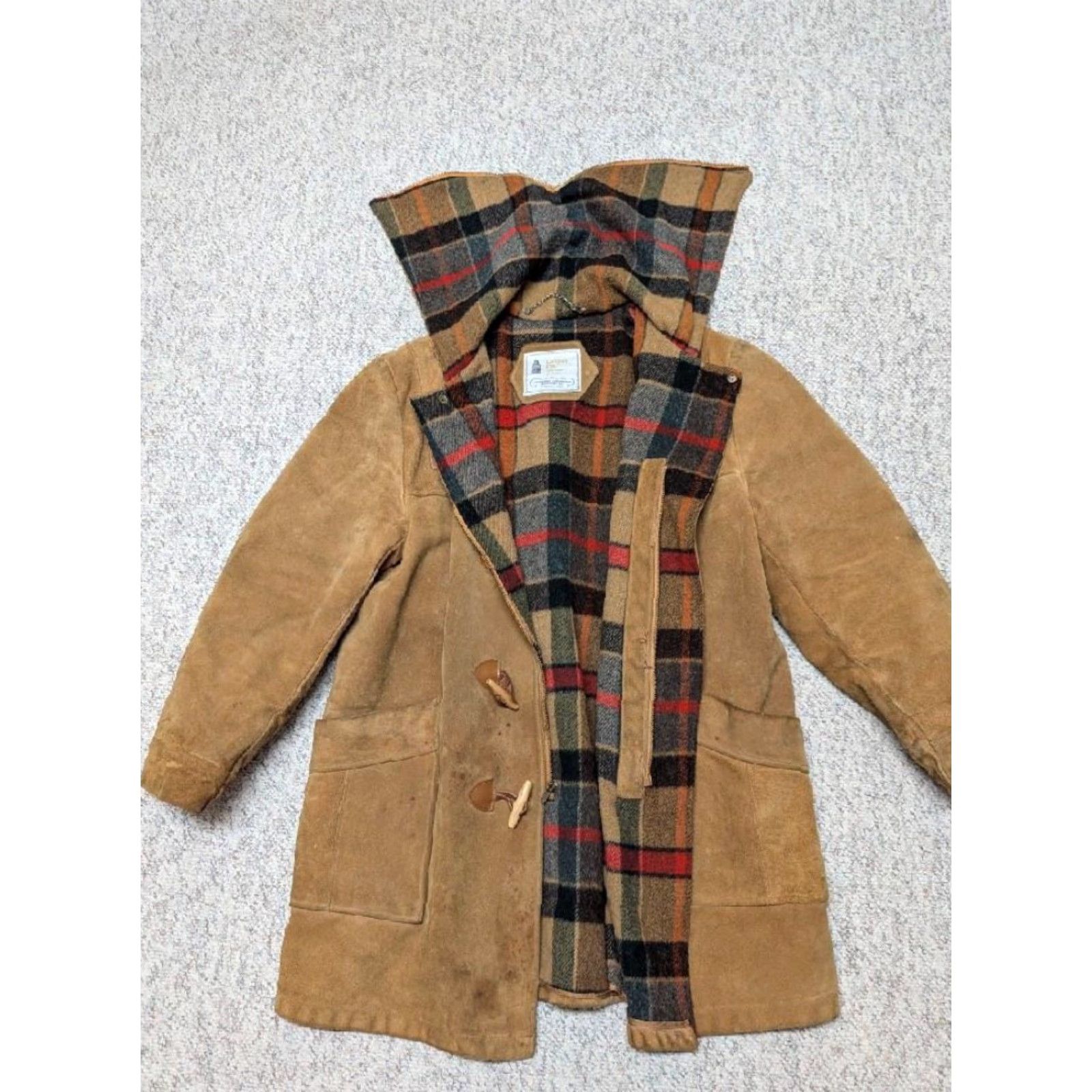 London Fog VINTAGE London Fog Duffle Coat Leather Cowhide Split-Suede 42 Brown Hooded Wool Lined M Mens Coat Jacket Size US M / EU 48-50 / 2 - 6 Thumbnail