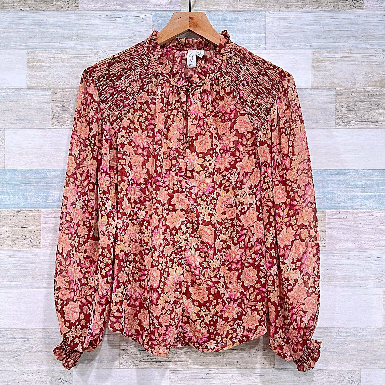 Joie JOIE Floral Ruffle Smocked Sheer Blouson Top Burgundy XS Size XS / US 0-2 / IT 36-38 - 1 Thumbnail