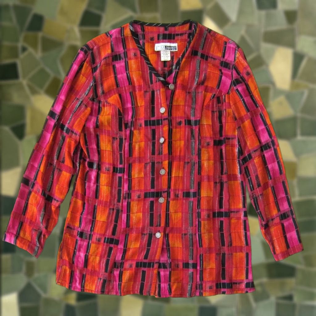 Pinko VINTAGE C.M. Shapes Blouse Shirt Womens Small Plaid Rayon Pink Orange Black Button Down Knit Tunic Casual Size S / US 4 / IT 40 - 1 Thumbnail