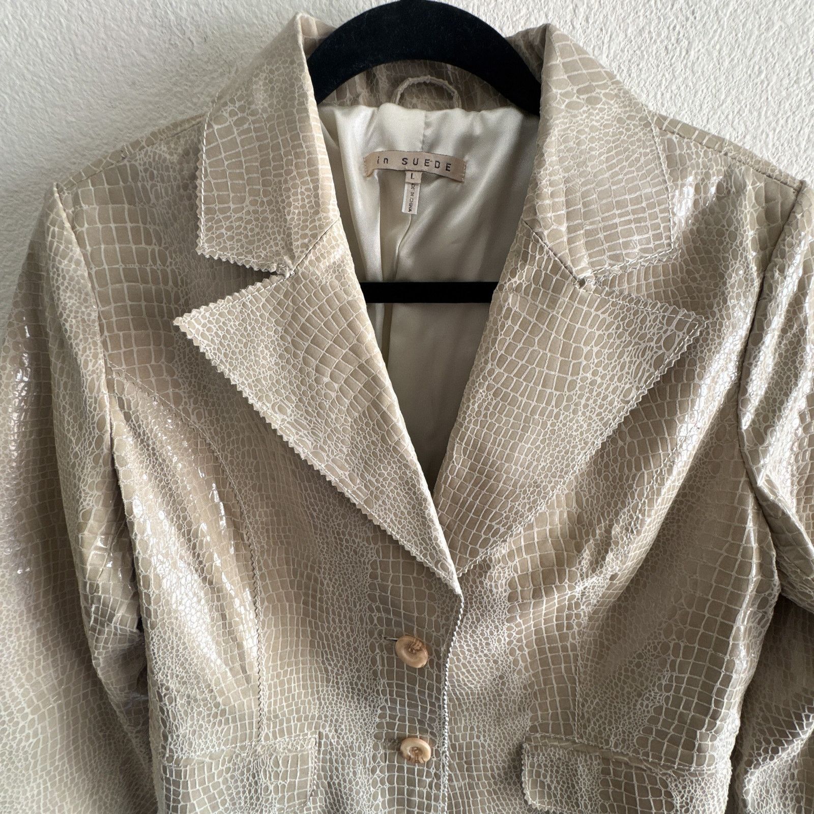 Other Croc Embossed Leather Blazer Jacket Beige Glossy Textured Size L / US 10 / IT 46 - 5 Thumbnail