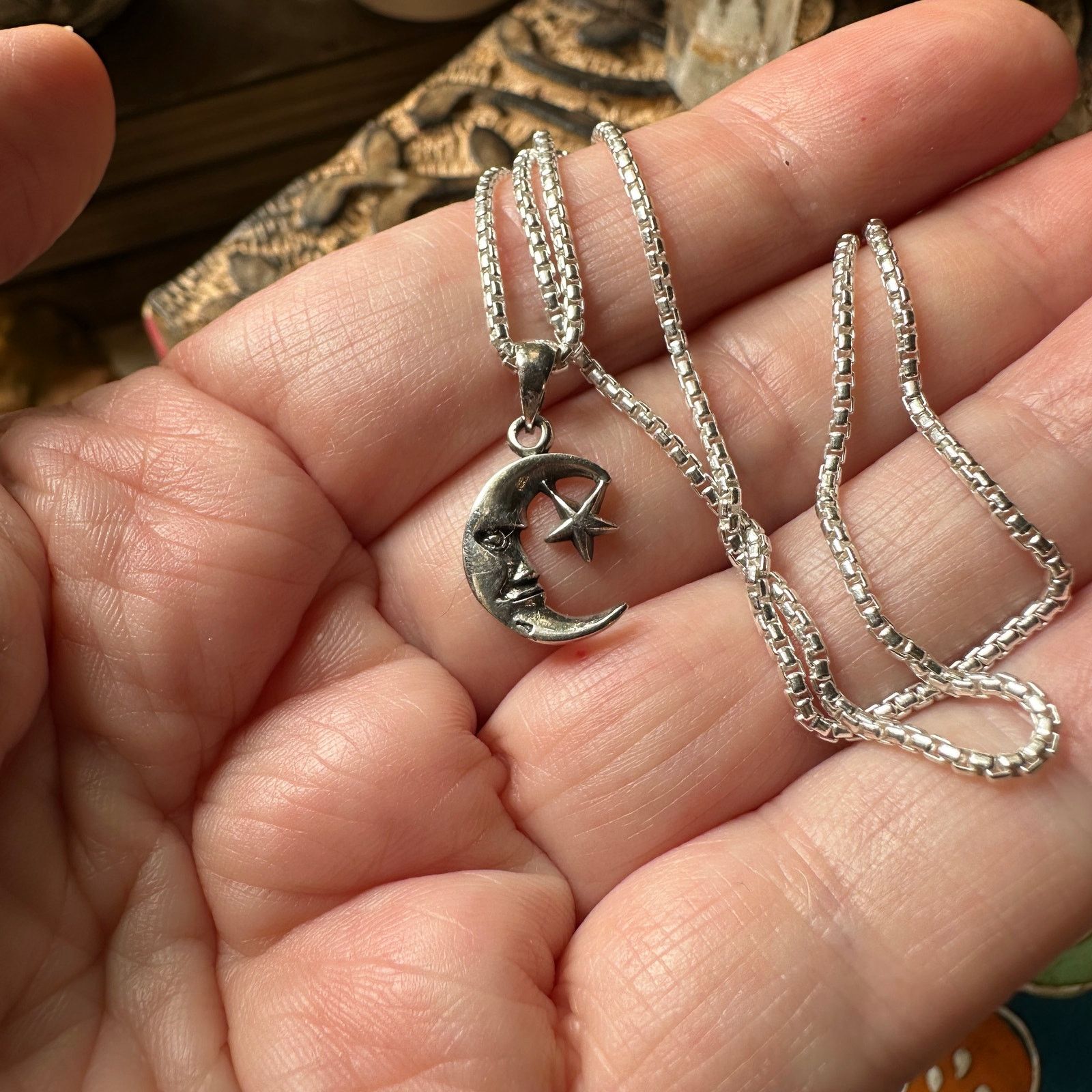 The Unbranded Brand Moon & Star Rounded Box Chain Sterling Silver Necklace Size ONE SIZE - 4 Thumbnail