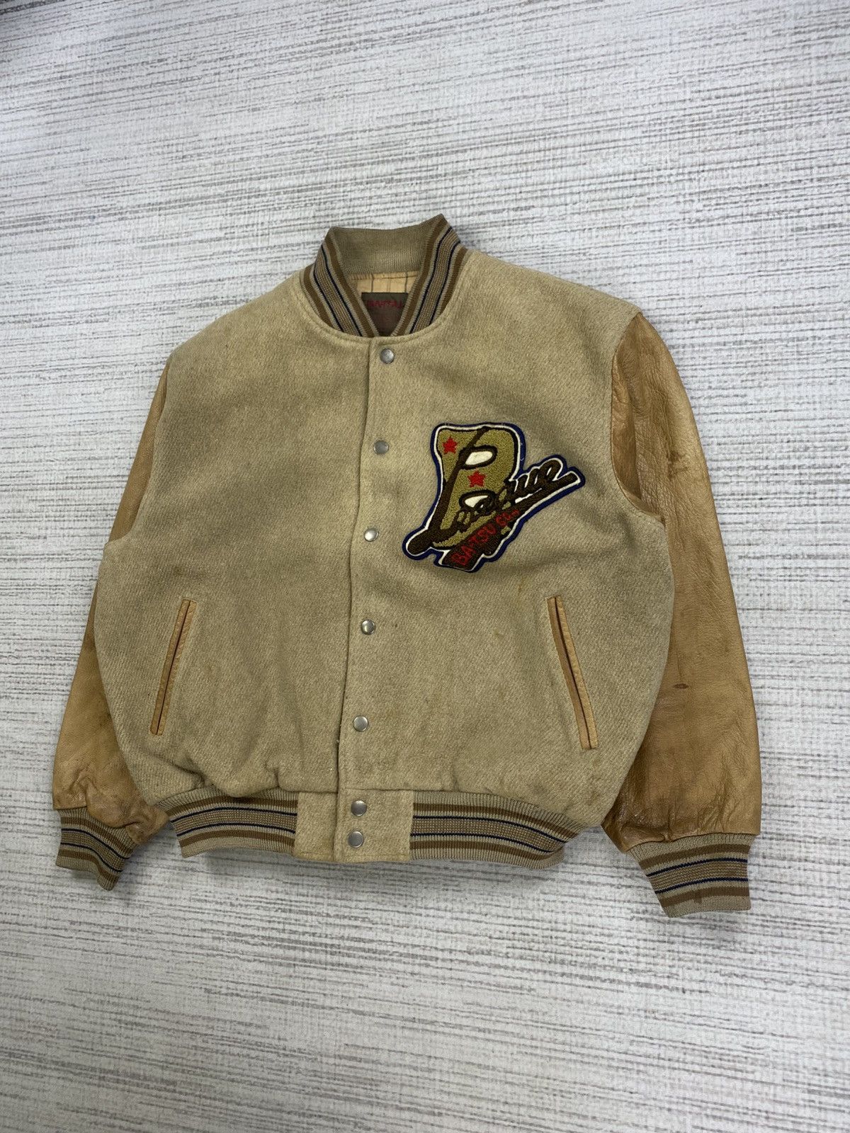 Japanese Brand × Vintage Vintage Ba-Tsu Co. league Leather Sleeve Varsity Jacket Size US L / EU 52-54 / 3 - 4 Thumbnail