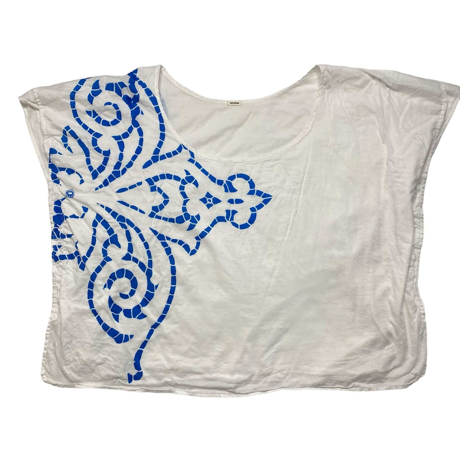 MONROW MONROW Blue White Woven One Size Top Blouse 100% Cotton Size ONE SIZE - 4 Thumbnail
