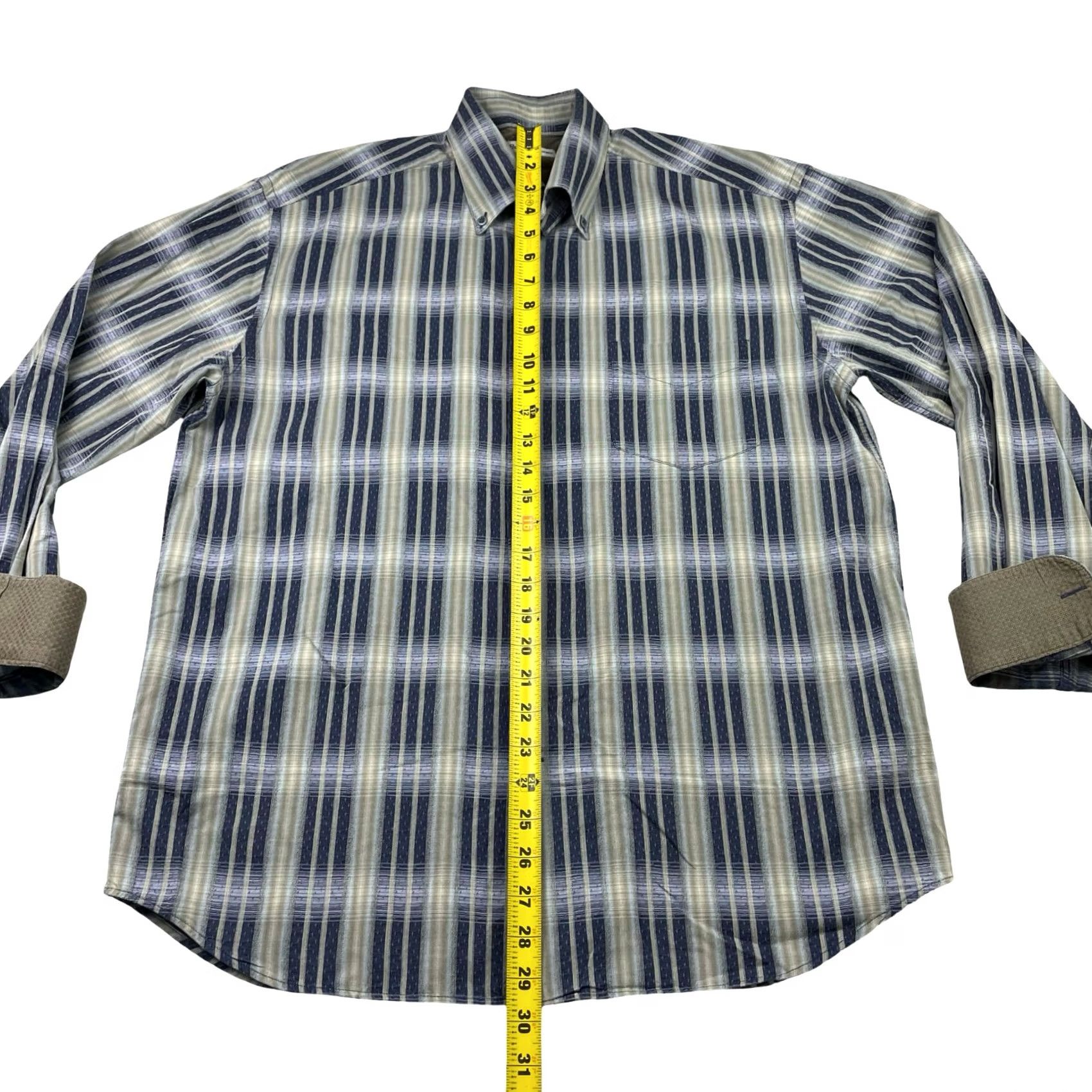Vintage Bullock & Jones Men's Button Shirt Stripe Blue/Beige Long Sleeve Flip Cuffs Large, 100% Cotton, Button-Front, Collared, Casual, Regular Fit Size US L / EU 52-54 / 3 - 6 Thumbnail