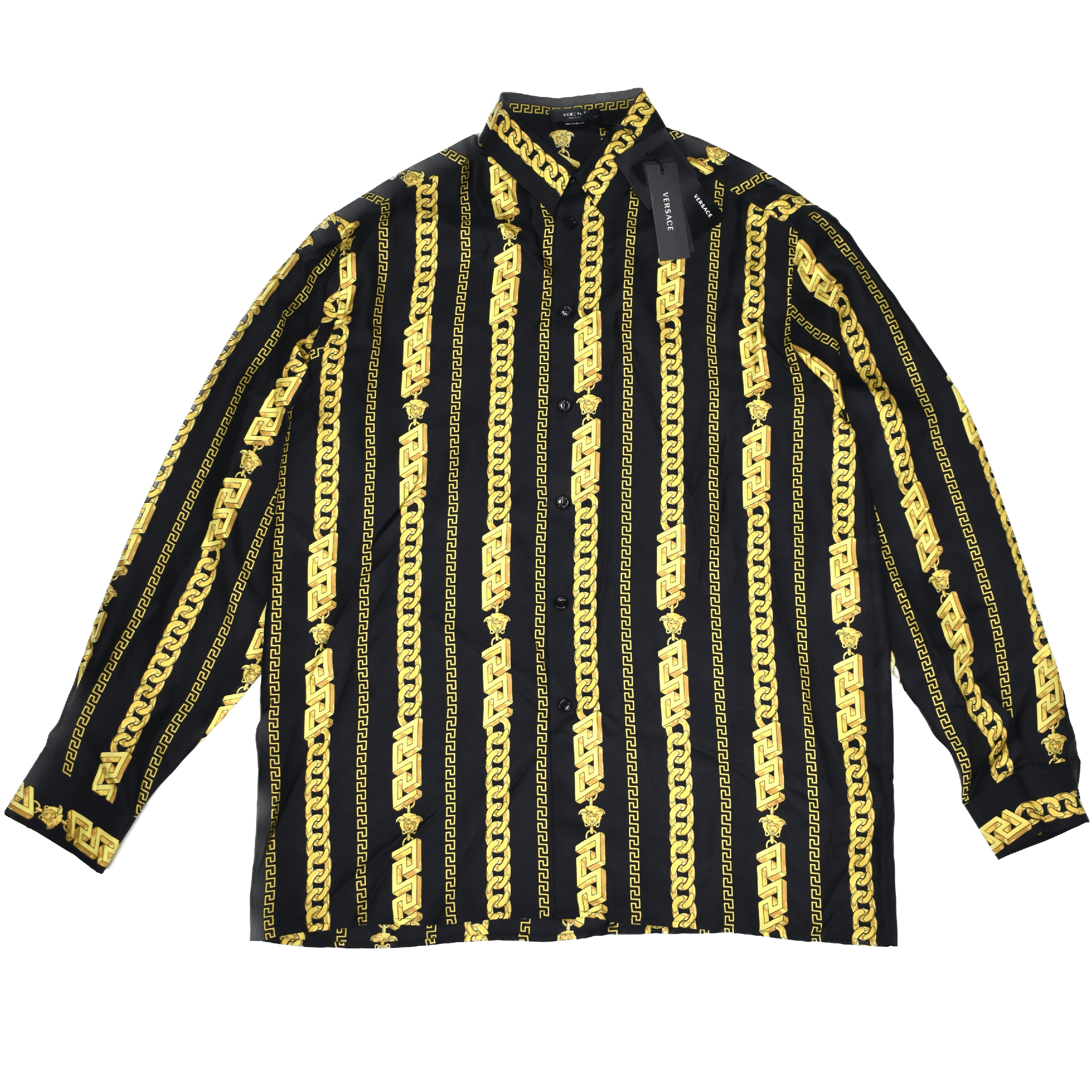 image of Versace Black Gold Medusa Chain Print Silk Shirt, Men's (Size Large)