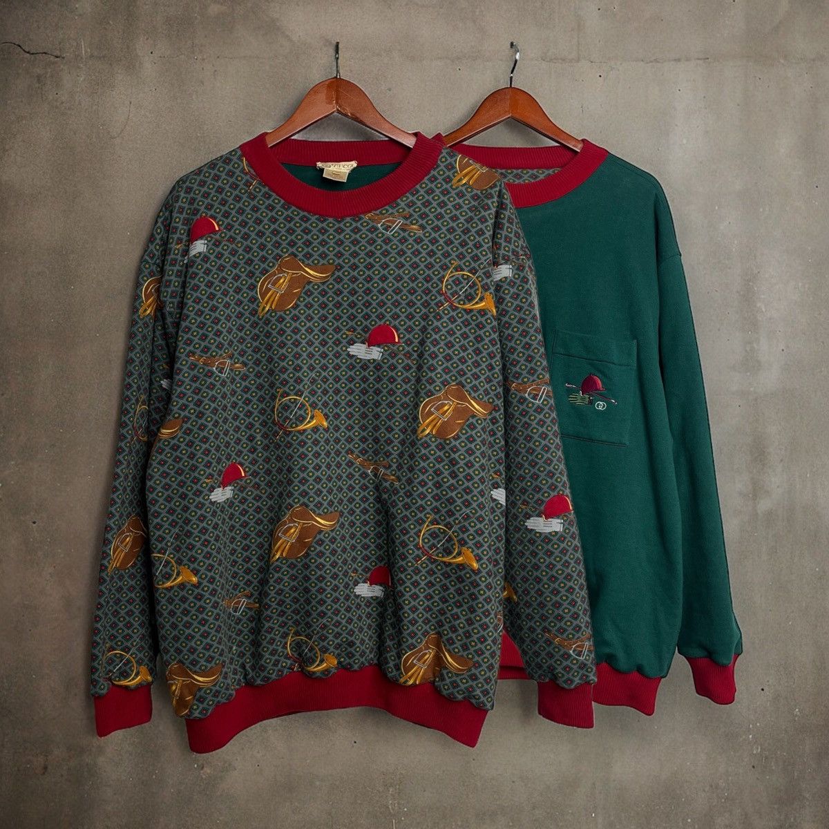 image of Gucci Crewneck Double Layer Reversible Equestrian Horse 80's in Green, Men's (Size XL)