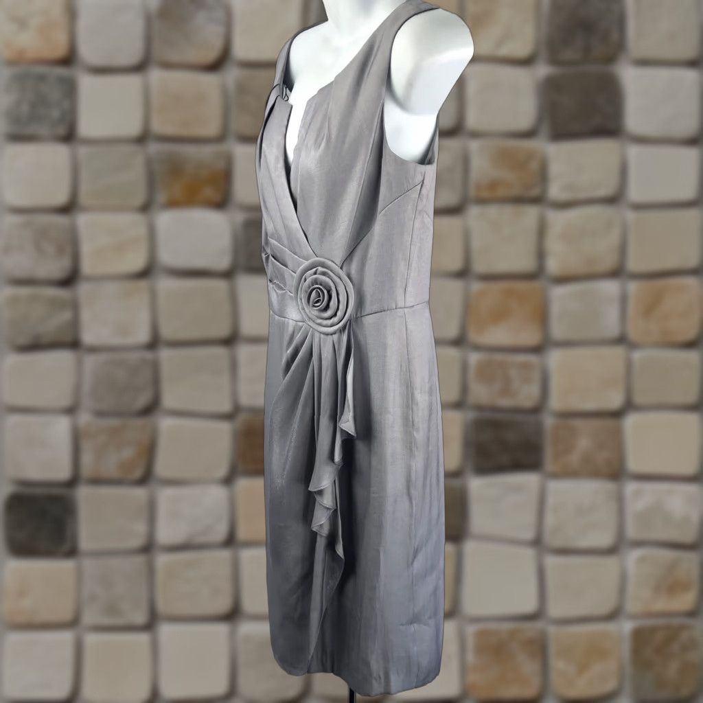 NWT Liliana Silky Sleeveless Mock Wrap Dress 12 Gray Satin Pleat Drape Midi Lined Dress Womens-12)
