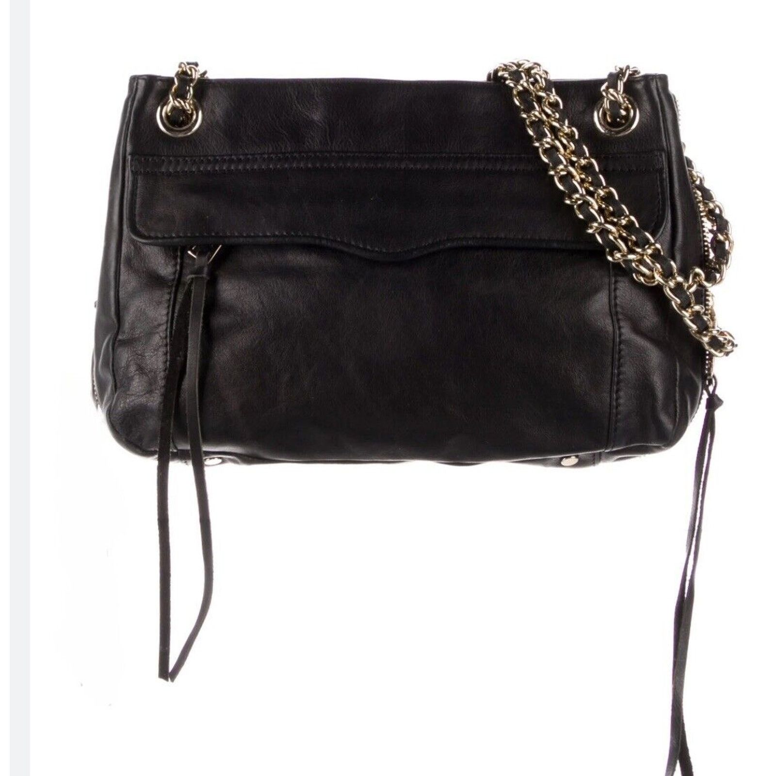 Rebecca Minkoff Black Leather Shoulder Bag Gold Chain Strap, Women's
