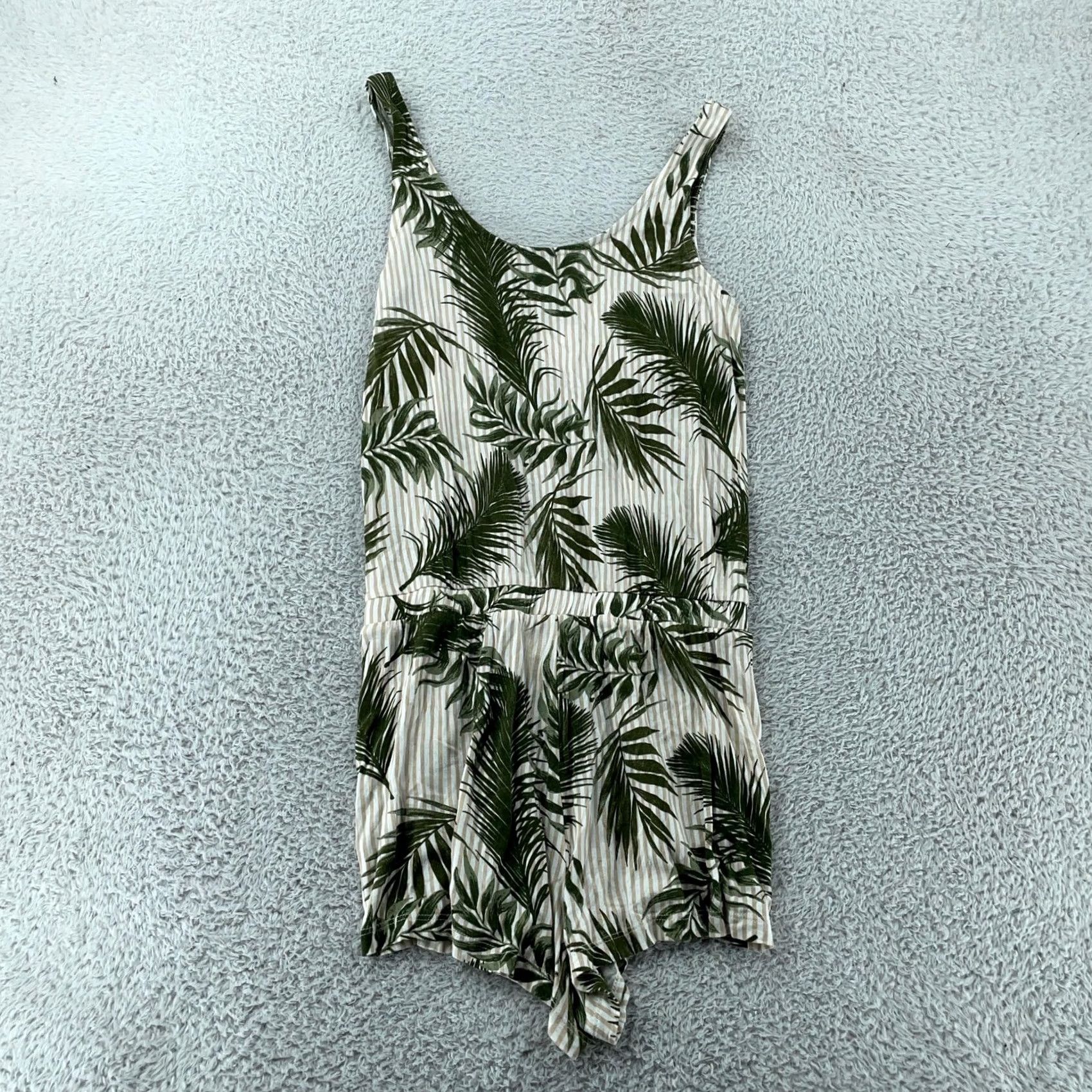 Vintage LASCANA Romper Green White Tropical Palm Leaf Sleeveless Drawstring Womens 2 Size 26" / US 2 / IT 38 - 3 Thumbnail