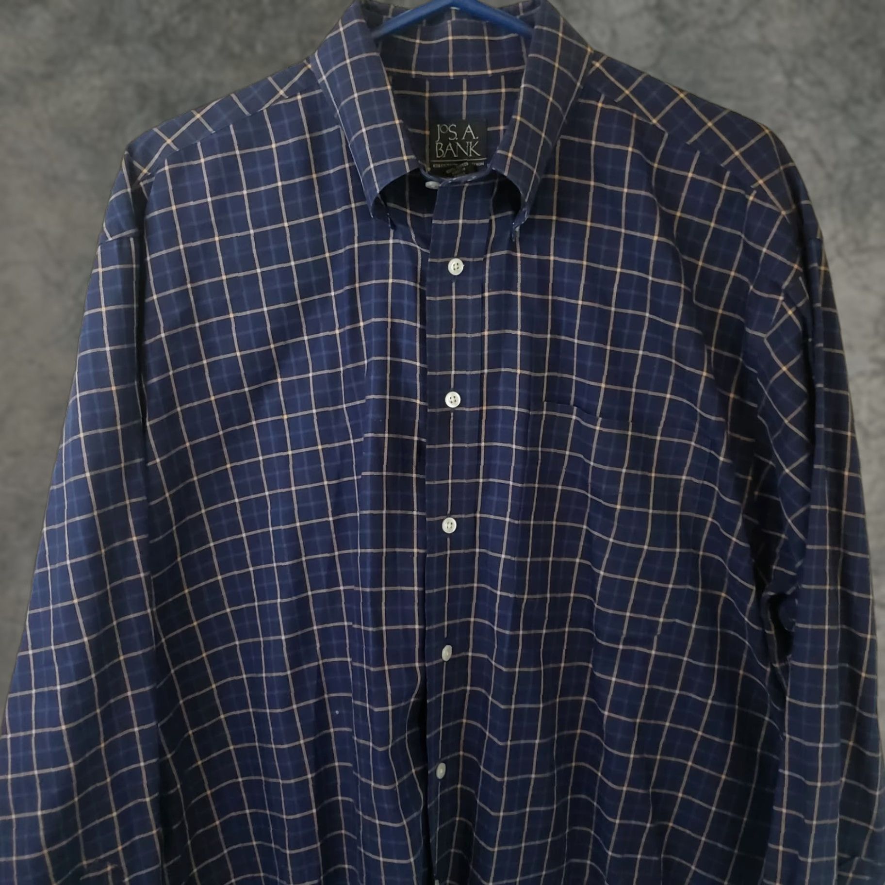Jos. A. Bank Jos. A. Bank Executive Edition Mens L Button-Down Dress Shirt Plaid Blue Yellow 100% Cotton Convertible Cuff Long Sleeve Regular Fit Size 42R - 1 Thumbnail