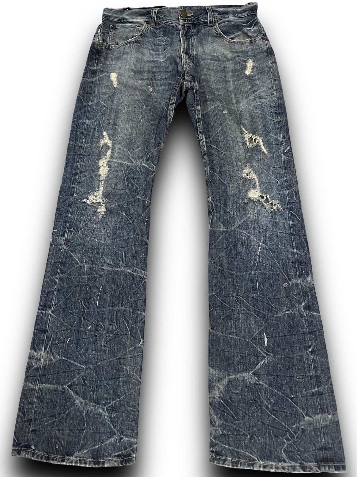 14th Addiction Vintage Japanese Brand Honeycomb Distress Flare Style denim Size US 33 - 1 Thumbnail