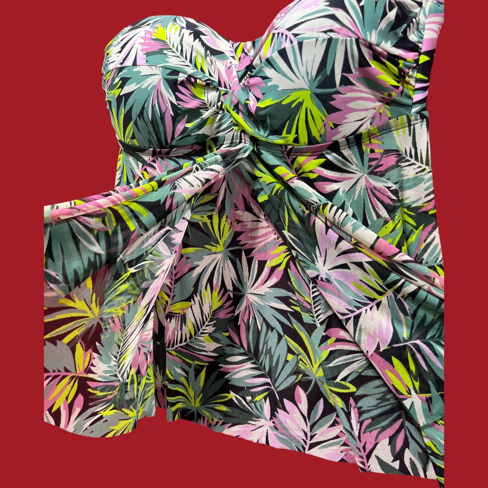 Other Kona Sol -Women's Tropical Leaf Print Flyaway Bandeau Tankin Size ONE SIZE - 14 Thumbnail