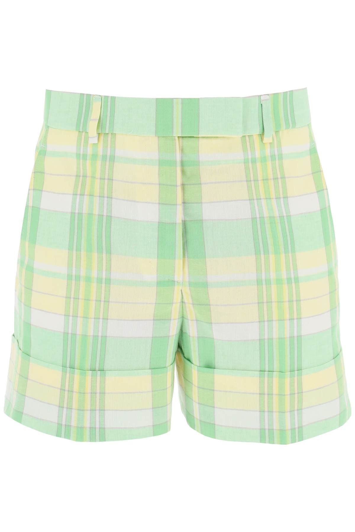 image of Thom Browne Madras Cotton Cuffed Shorts in Lt Green, Women's (Size 28)
