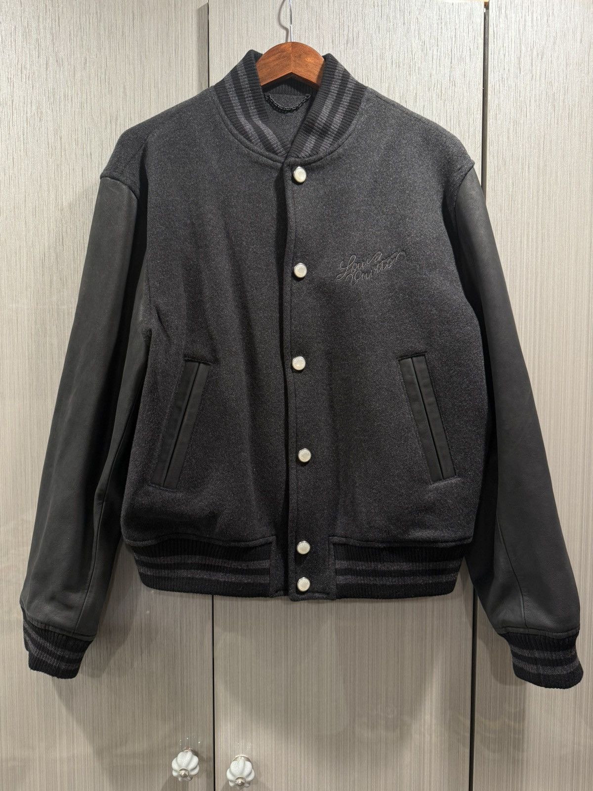 Louis Vuitton Louis Vuitton Black Grey Wool Leather Pearl Varsity Jacket Size US M / EU 48-50 / 2 - 1 Thumbnail