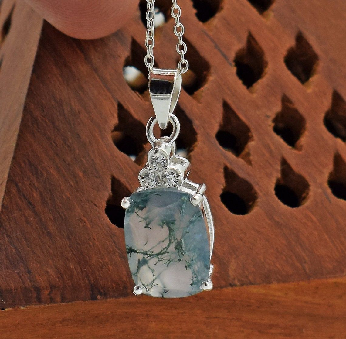 Handmade Natural Moss Agate 925 Sterling Silver Necklace - 18 Inch Size ONE SIZE - 4 Thumbnail