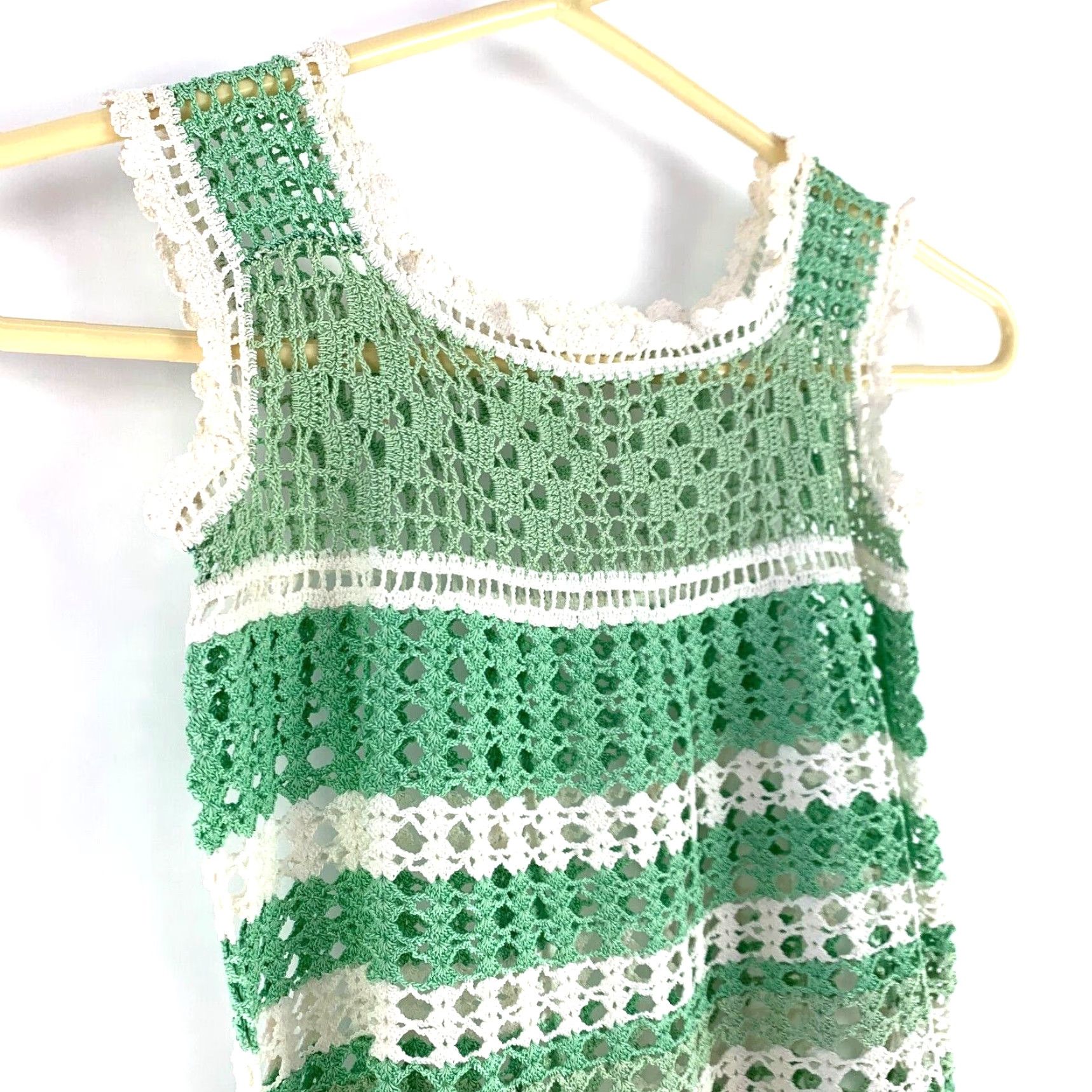 Vintage VINTAGE Handmade Crocheted Knit Green White Dress Girls Size ONE SIZE - 2 Thumbnail