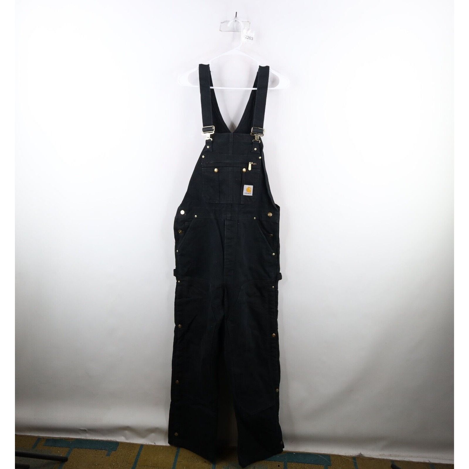 image of 90's Carhartt Spell Out Quilted Double Knee Overalls in Black, Men's (Size 36)