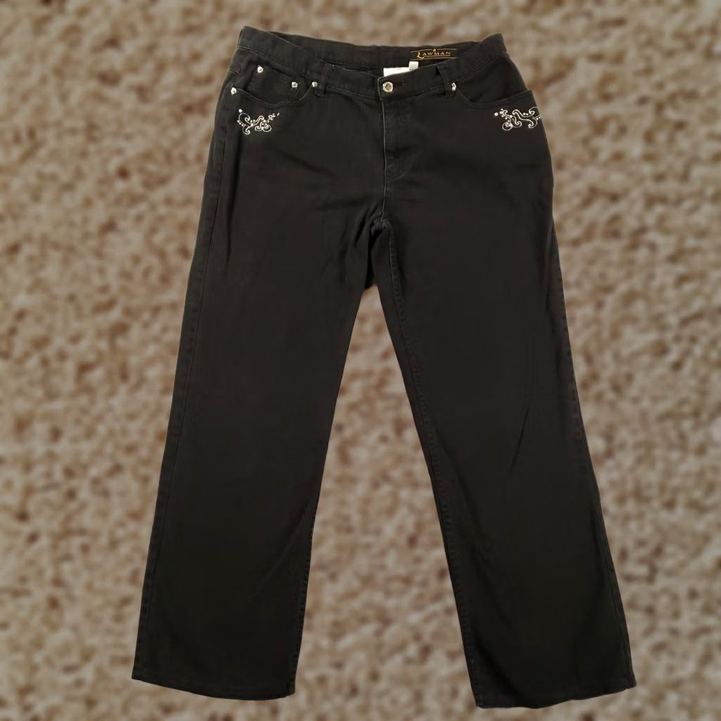 Vintage VINTAGE Lawman Jeans Womens 14 Denim 31in Inseam 5-Pocket Embroidered Studded Black Cotton 90s Western Cowboy Style Straight Travel Womens Size 36" / US 14 / IT 50 - 1 Thumbnail