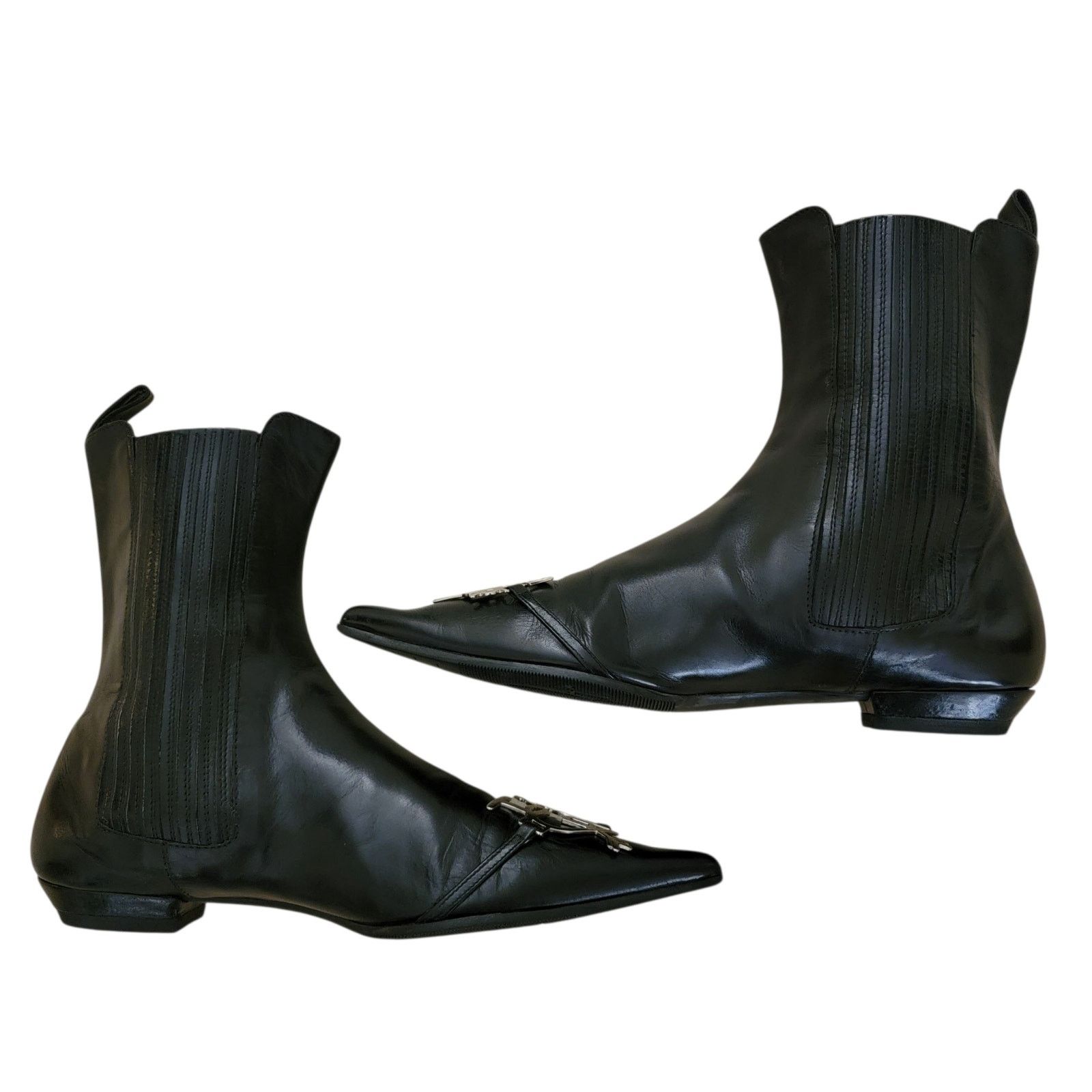 Vintage Dior Galliano Black Leather Metal Toe Boots 36