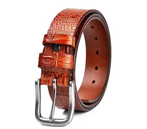 image of Leather Emboss Crocodile Pattern Belt in Brown, Men's