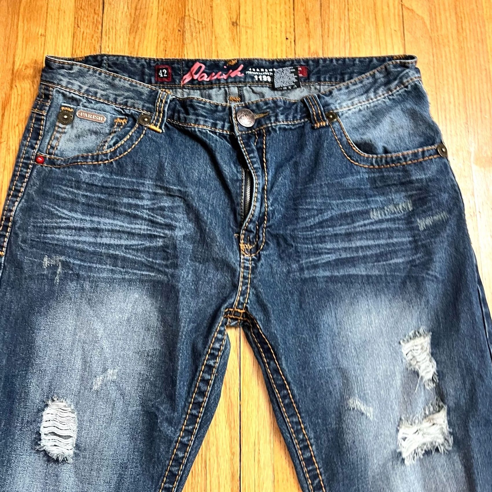 Vintage Parish Jeans Mens 42 Blue Baggy Thick Stitch Flap Pocket Skate Distressed Size US 42 / EU 58 - 4 Thumbnail