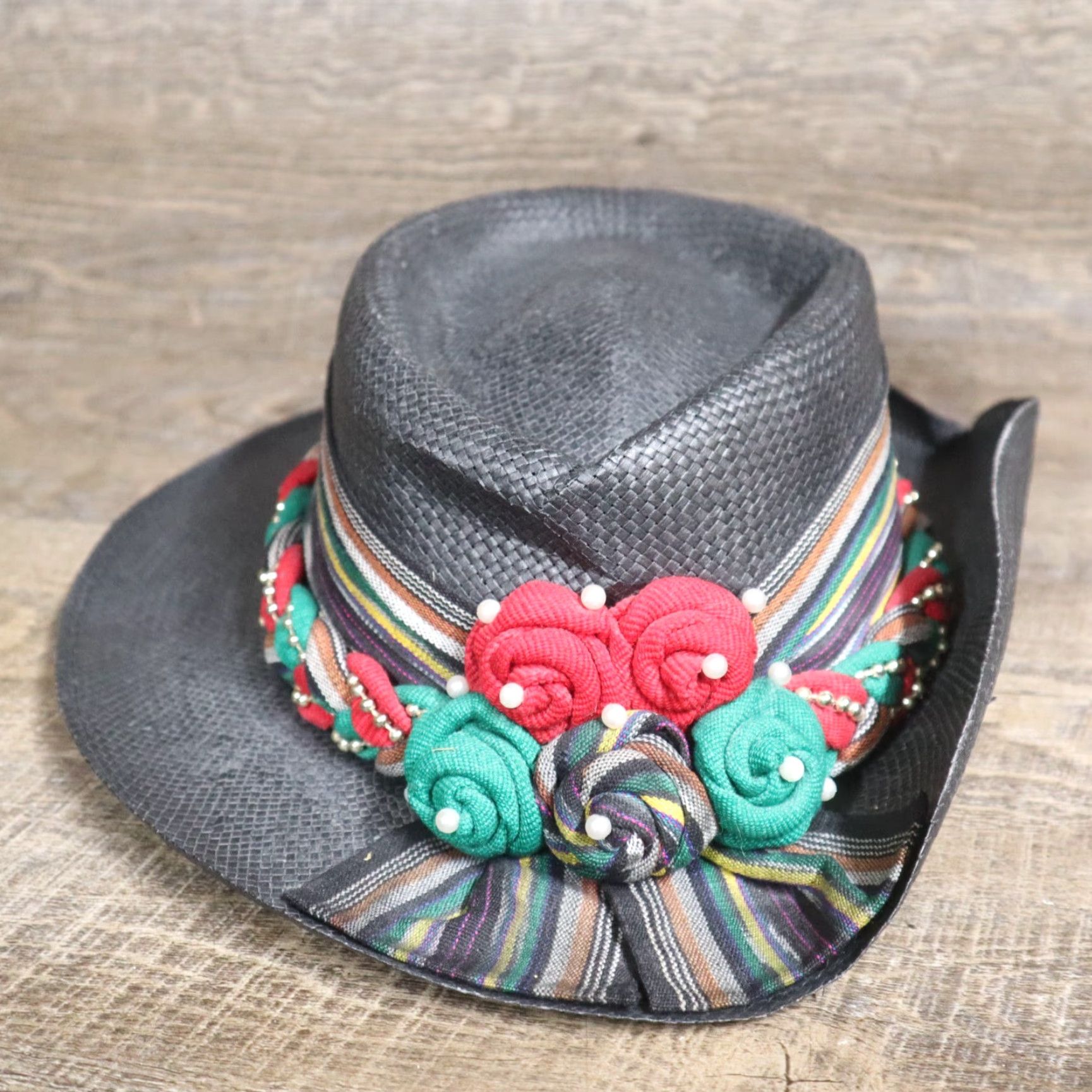 Vintage VINTAGE Hatlanta Wide Brim Straw Hat Women's One Size Black Beaded Band Summer Accessories Size ONE SIZE - 3 Thumbnail