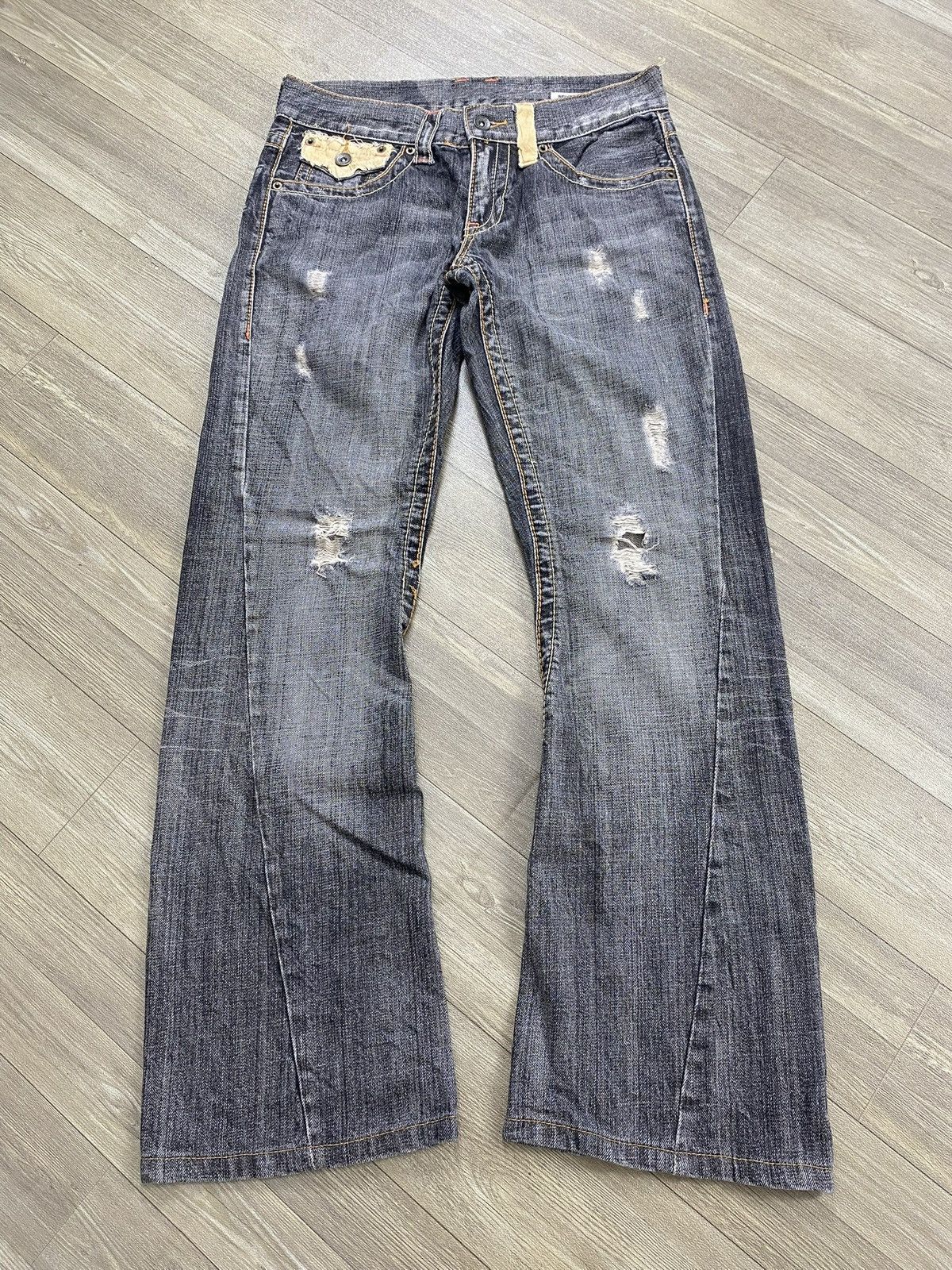 If Six Was Nine × Le Grande Bleu (L.G.B.) × Tornado Mart 2000s Semantic Design Distressed Punk Lgb Y2k Flared Jeans Size US 29 - 1 Thumbnail