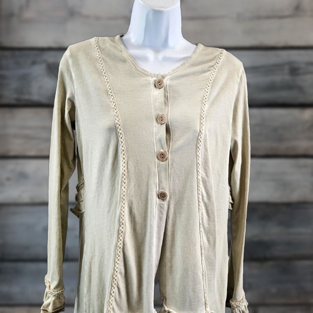 Vintage Gretty Zueger Womens Top Small Beige Long Sleeve Button Down Ruffle Blouse Size S / US 4 / IT 40 - 1 Thumbnail