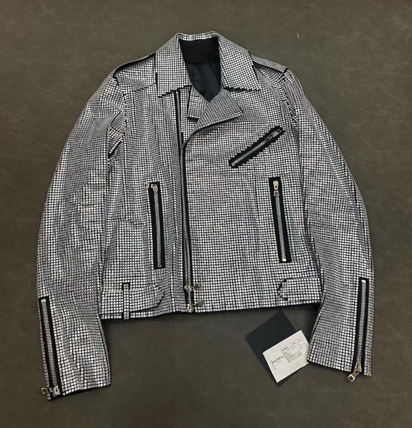 Balmain Silver Grid Pattern Moto Jacket Size M Size US M / EU 48-50 / 2 - 1 Thumbnail