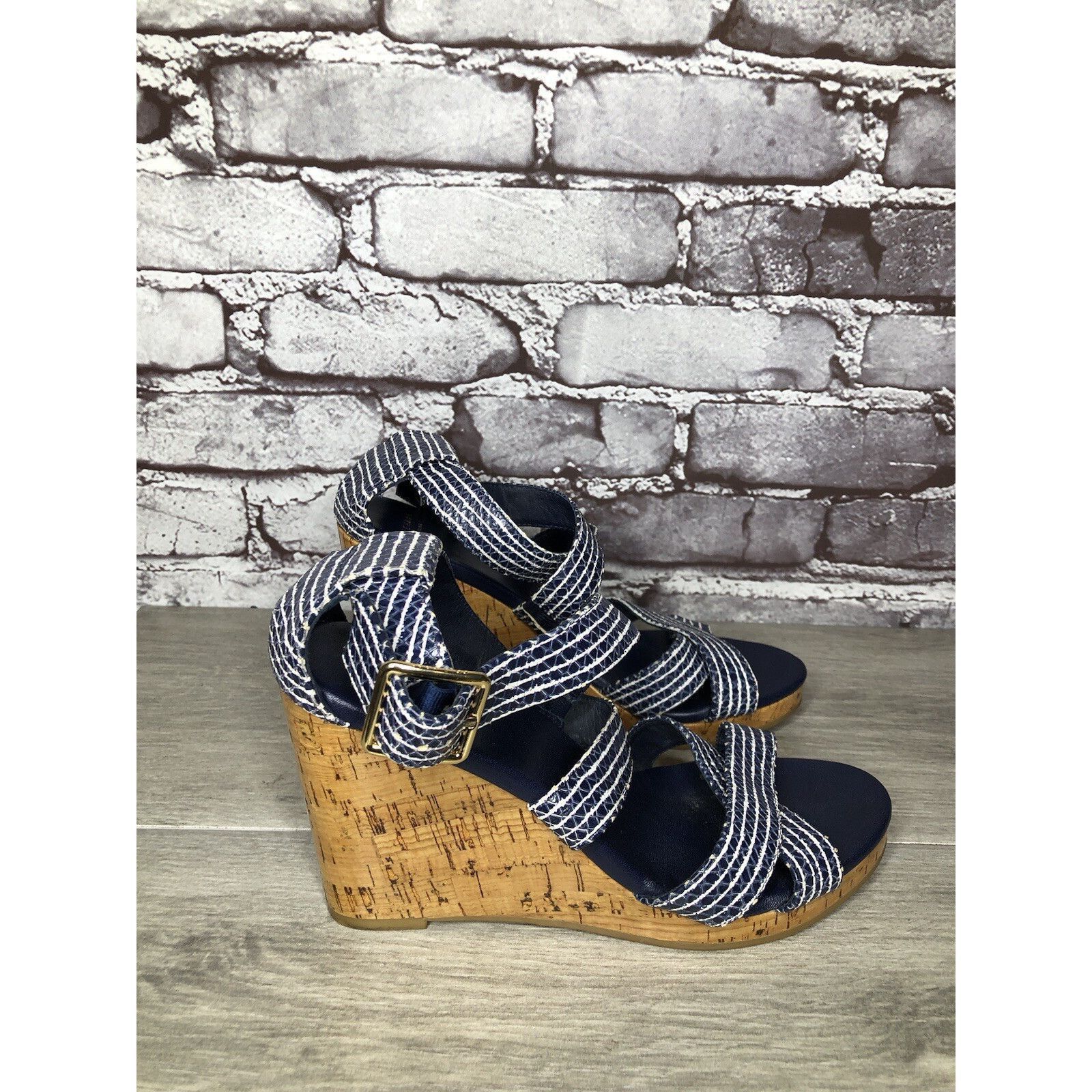 Cole Haan Cole Haan Grand OS Blue White Stripe Leather Cork Wedge Sand Size US 7.5 / IT 37.5 - 14 Thumbnail