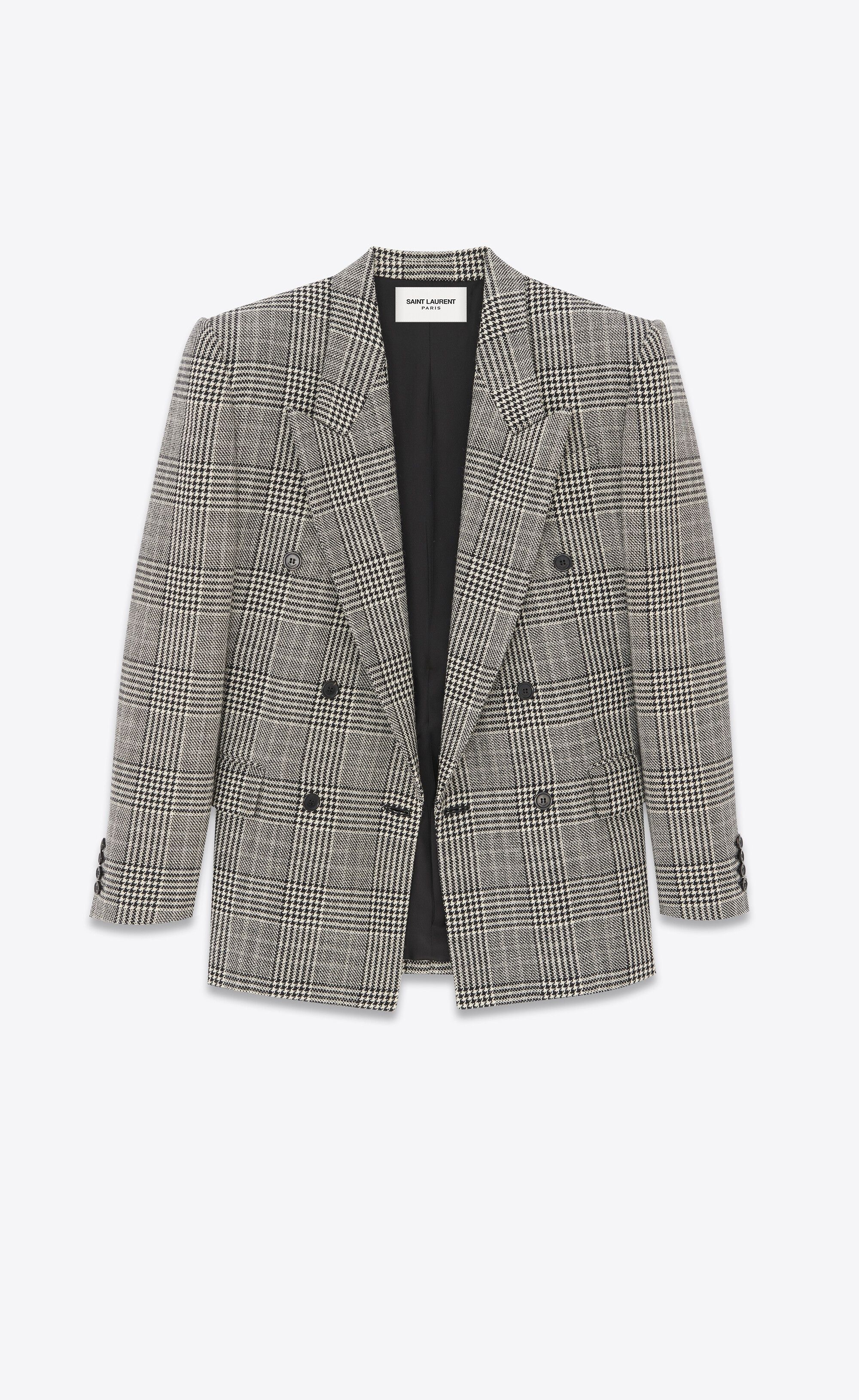 Saint Laurent Paris o1s1wg111124 Oversized Jacket in Prince Wales Wool in Grey Size S / US 4 / IT 40 - 1 Thumbnail