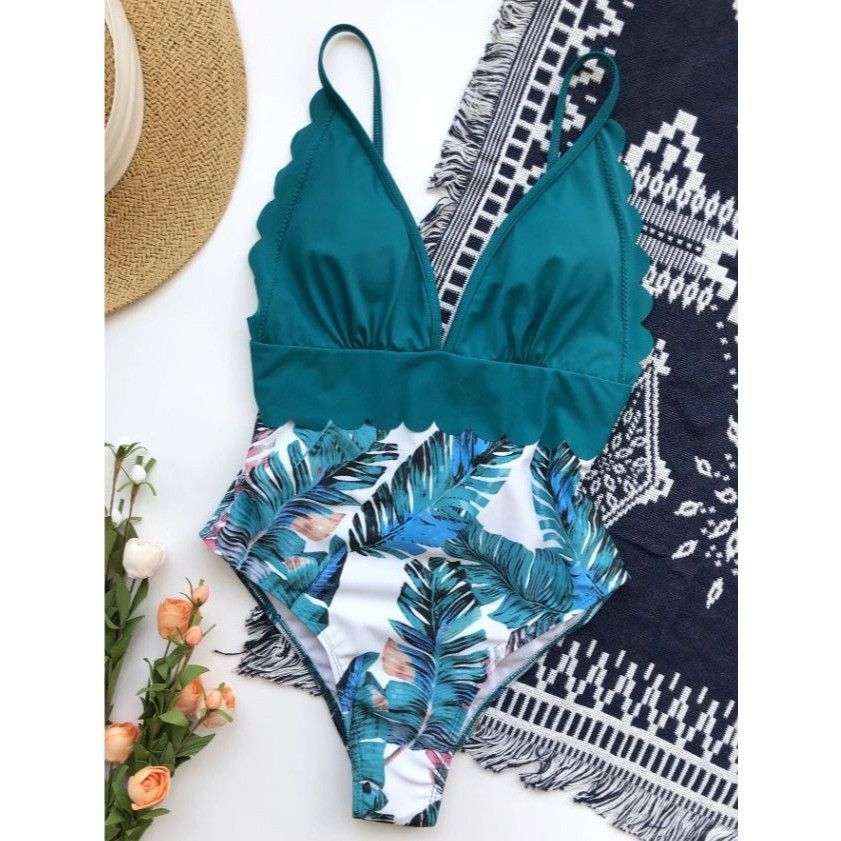 Other Womens Swimsuit One Piece Scalloped V Neck Tropical Print Te Size ONE SIZE - 6 Thumbnail