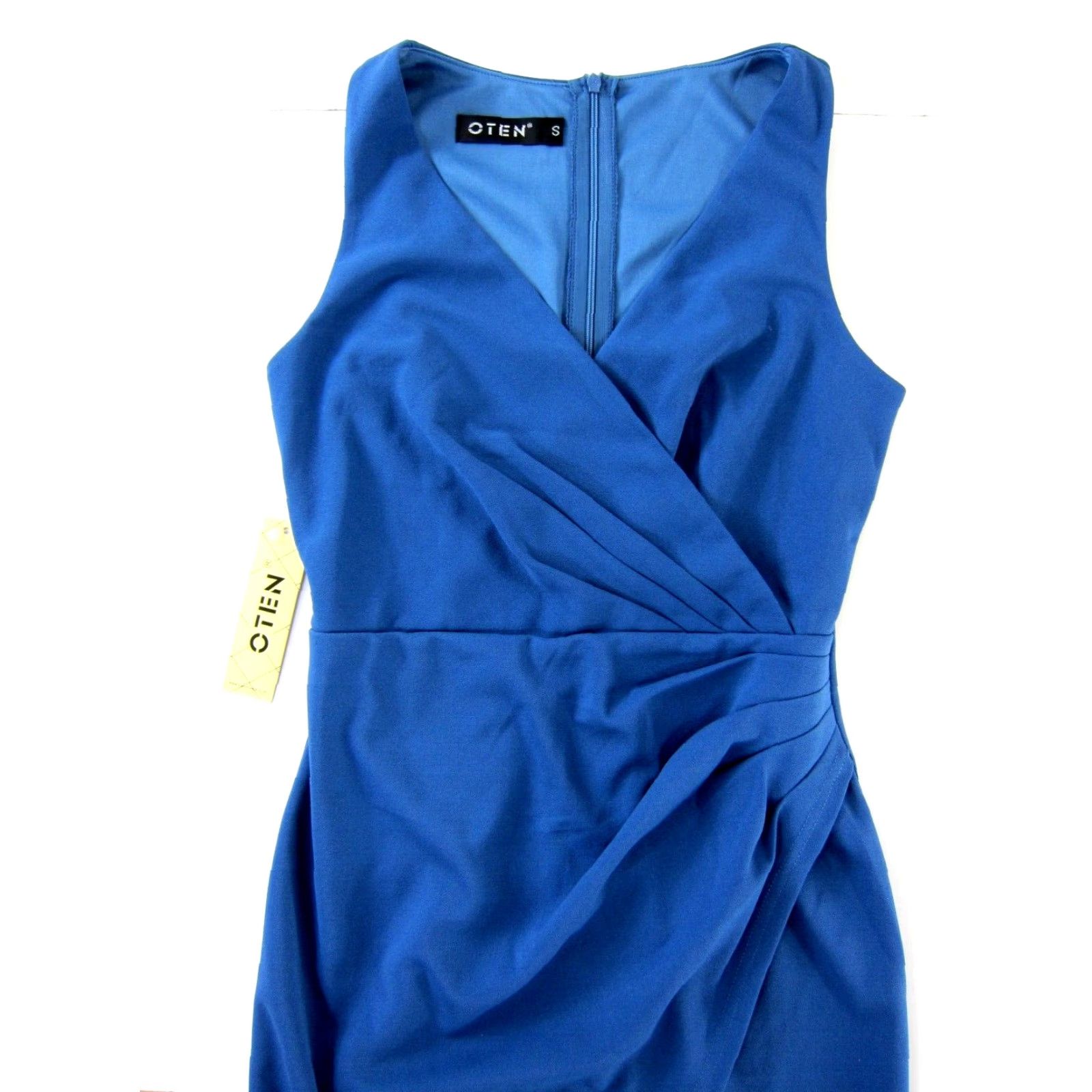 Vintage NWT OTEN Blue Stretch V-Neck Sleeveless Asymmetric Sheath Wrap Dress Small Size S / US 4 / IT 40 - 3 Thumbnail