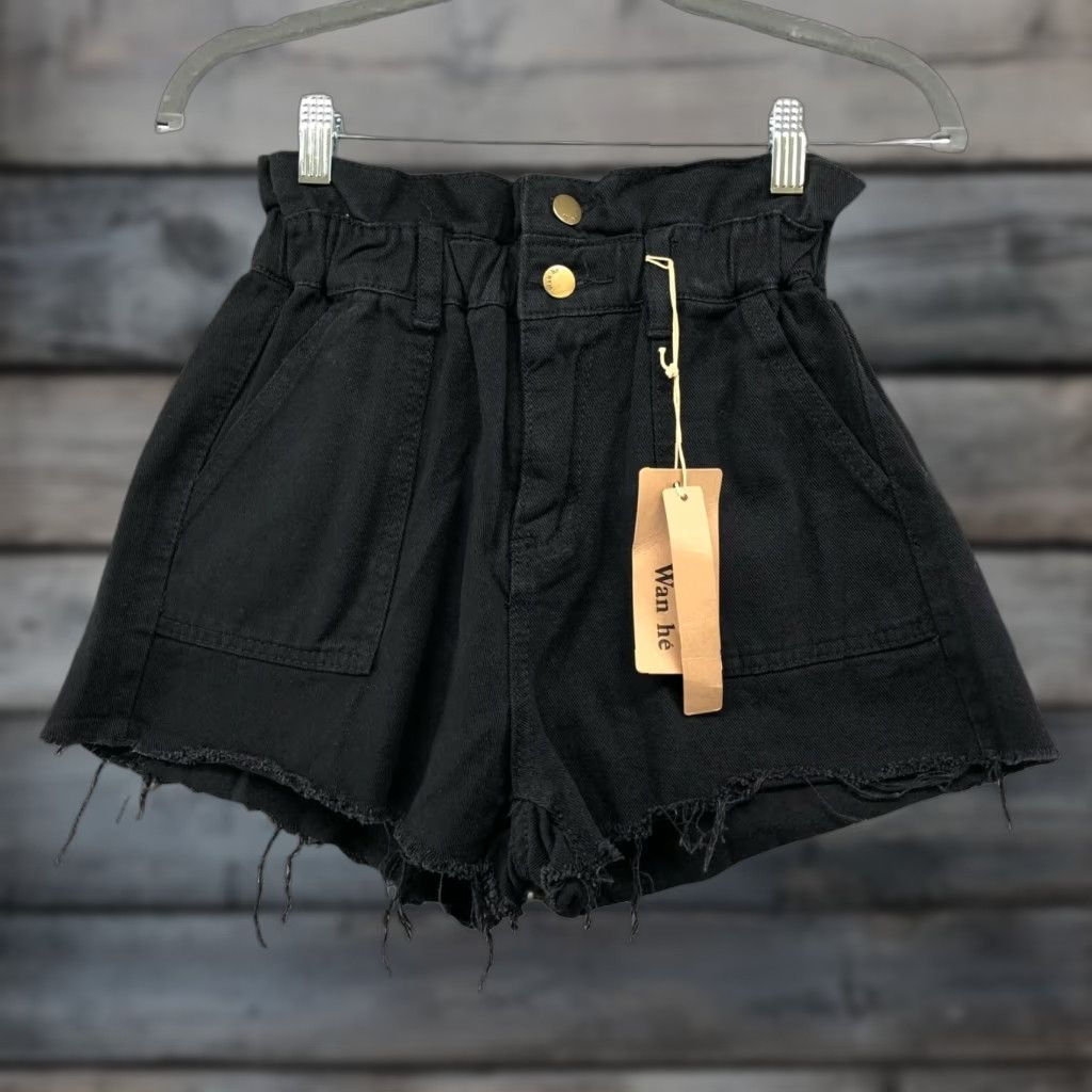 Vintage NWT Black Paperbag Jean Shorts Womens S High Waisted Elastic Casual Bohemian Retro Size 28" / US 6 / IT 42 - 1 Thumbnail