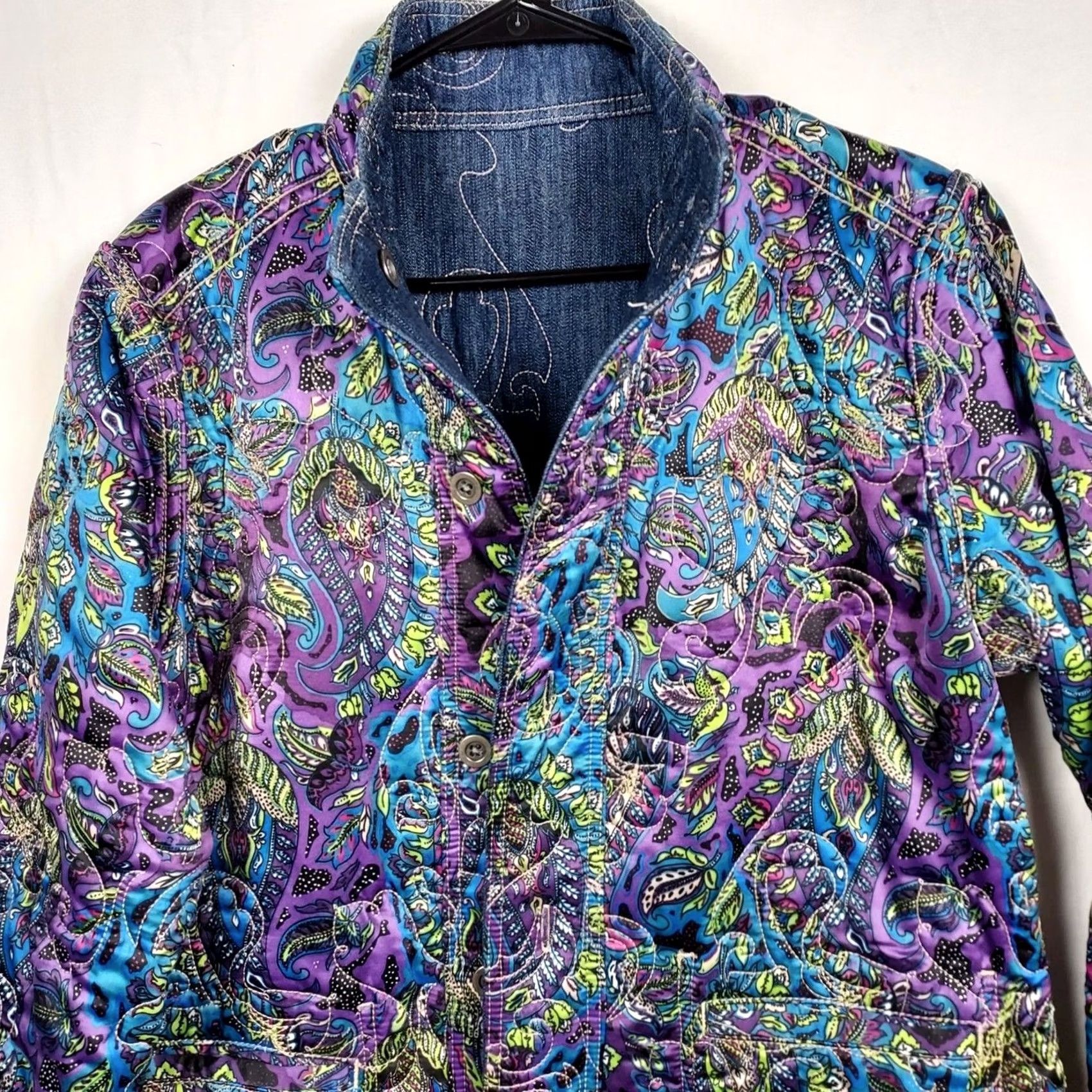 Vintage Chico's Reversible Quilted Jacket Denim Paisley Embroidered Size 2 Blue Jacket Women Regular Spring Fall Size XS / US 0-2 / IT 36-38 - 5 Thumbnail