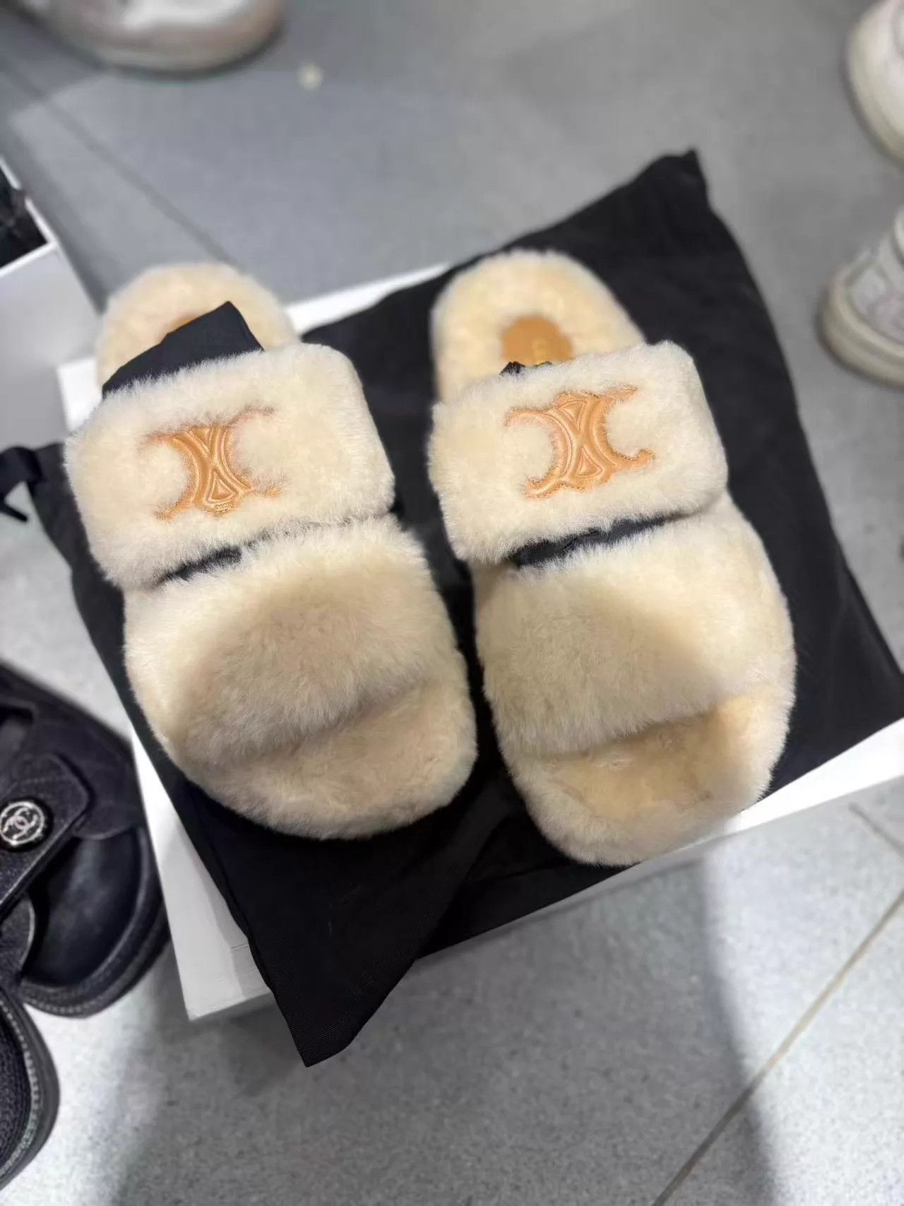 Celine Celine Triomphe Lamb Fur Slippers 37 New Old Stock Size US 6.5 / IT 36.5 - 1 Thumbnail