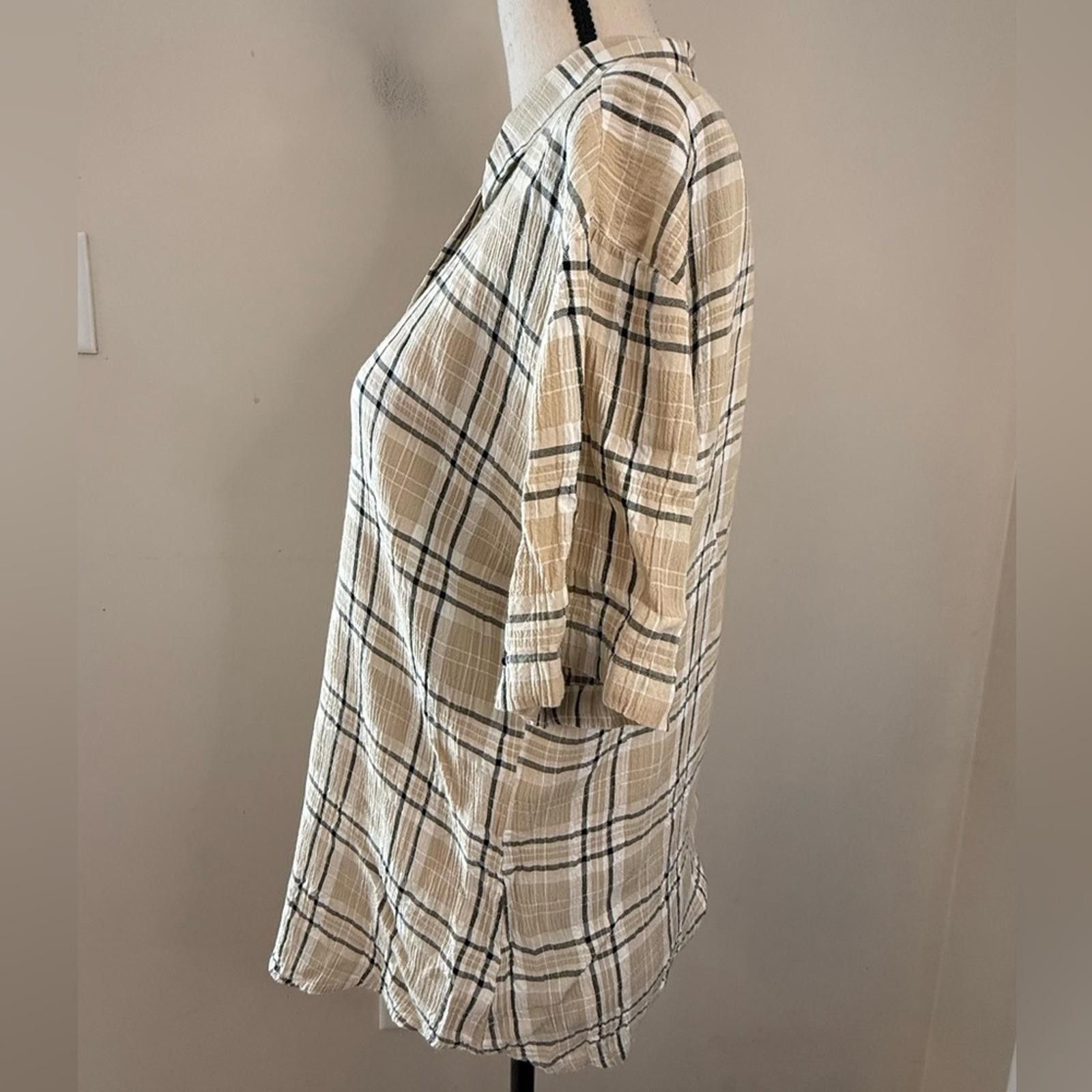 Other Carry Back button up shirt tan & gray plaid sporty SZ 8 Size M / US 6-8 / IT 42-44 - 4 Thumbnail