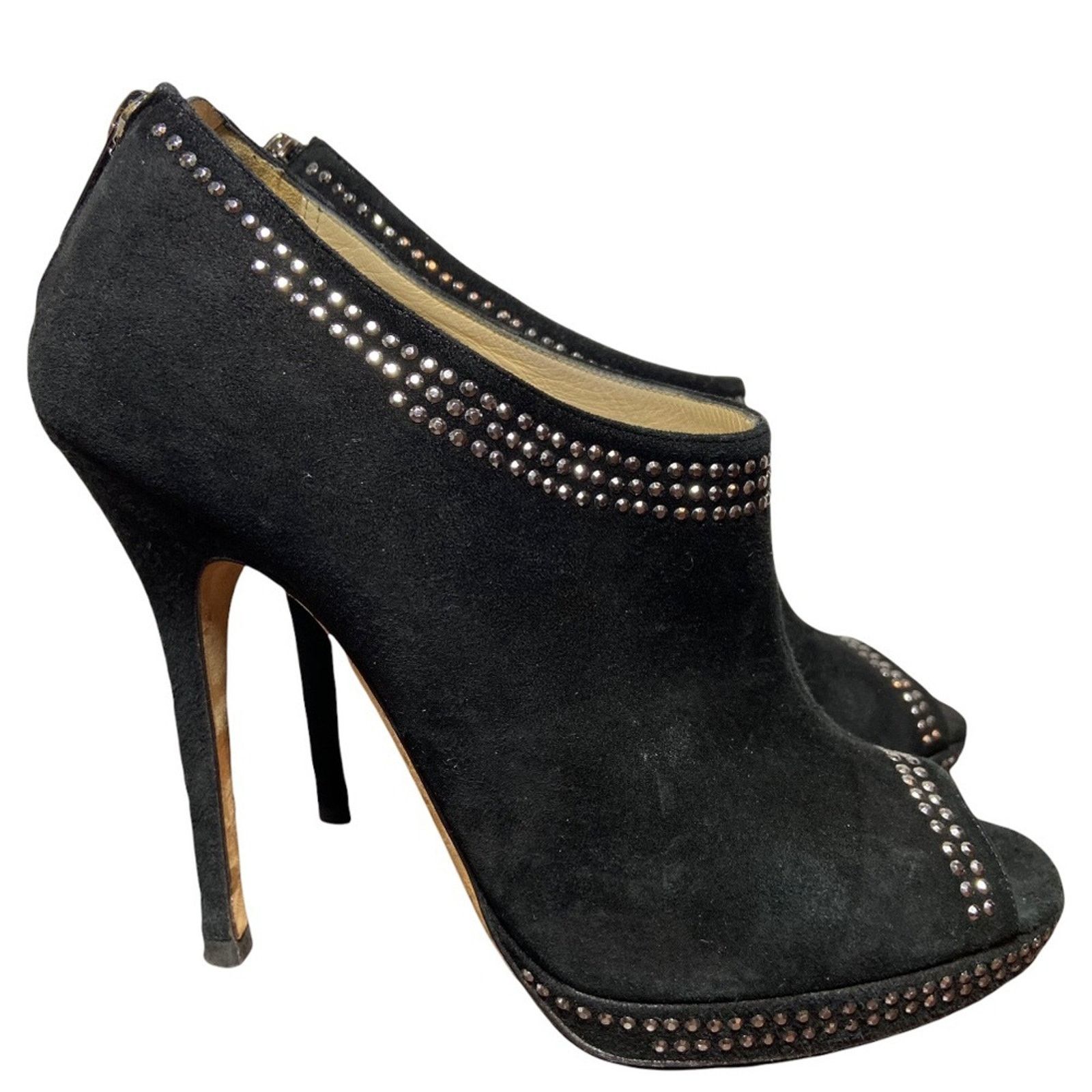 Jimmy Choo Peep Toe Heels Suede Studded Platform Black
