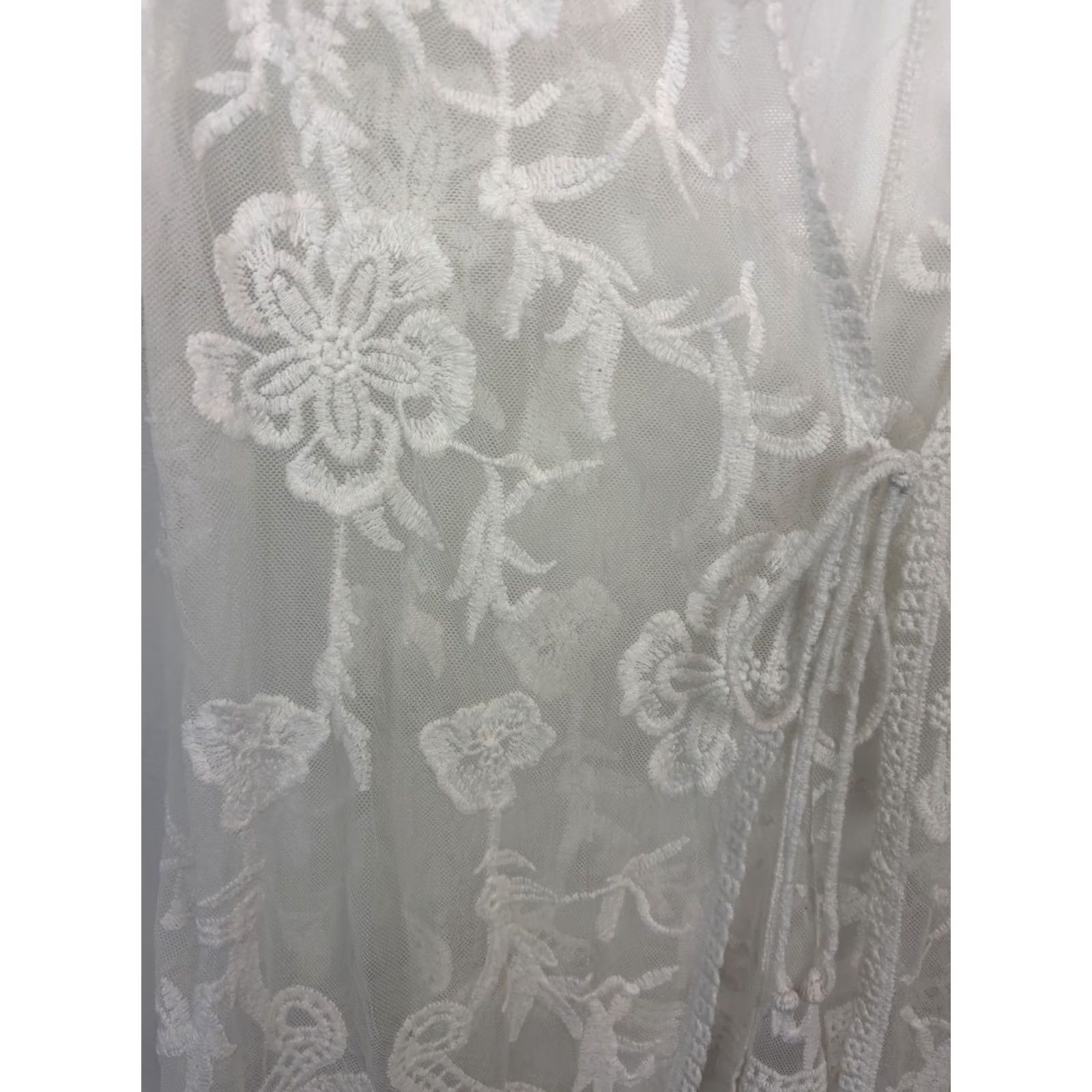 Vintage Lace Sheer Floral Kimono Duster Womens Large White Festival Fairy Coquette Tie Size L / US 10 / IT 46 - 3 Thumbnail