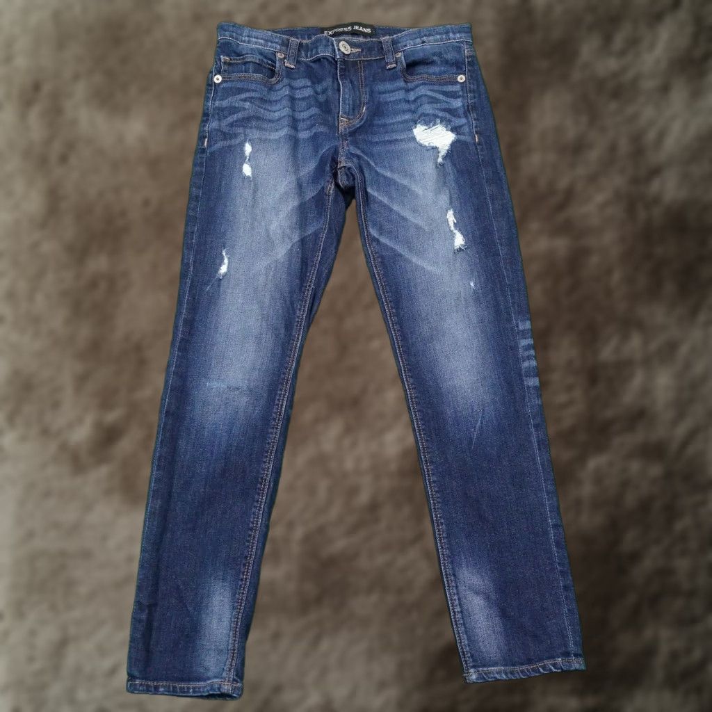 Express Express Jeans Womens Boyfriend Denim Blue Medium Wash 2 Distressed Stretch Pockets Zip 27 Inseam Size 26" / US 2 / IT 38 - 1 Thumbnail