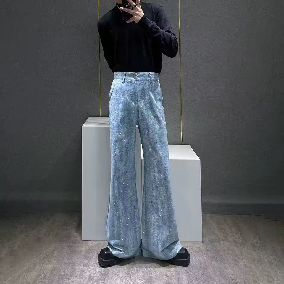 Jean Diamond Shiny Straight Light Blue Streetwear Design Pants Size US 31 - 2 Thumbnail