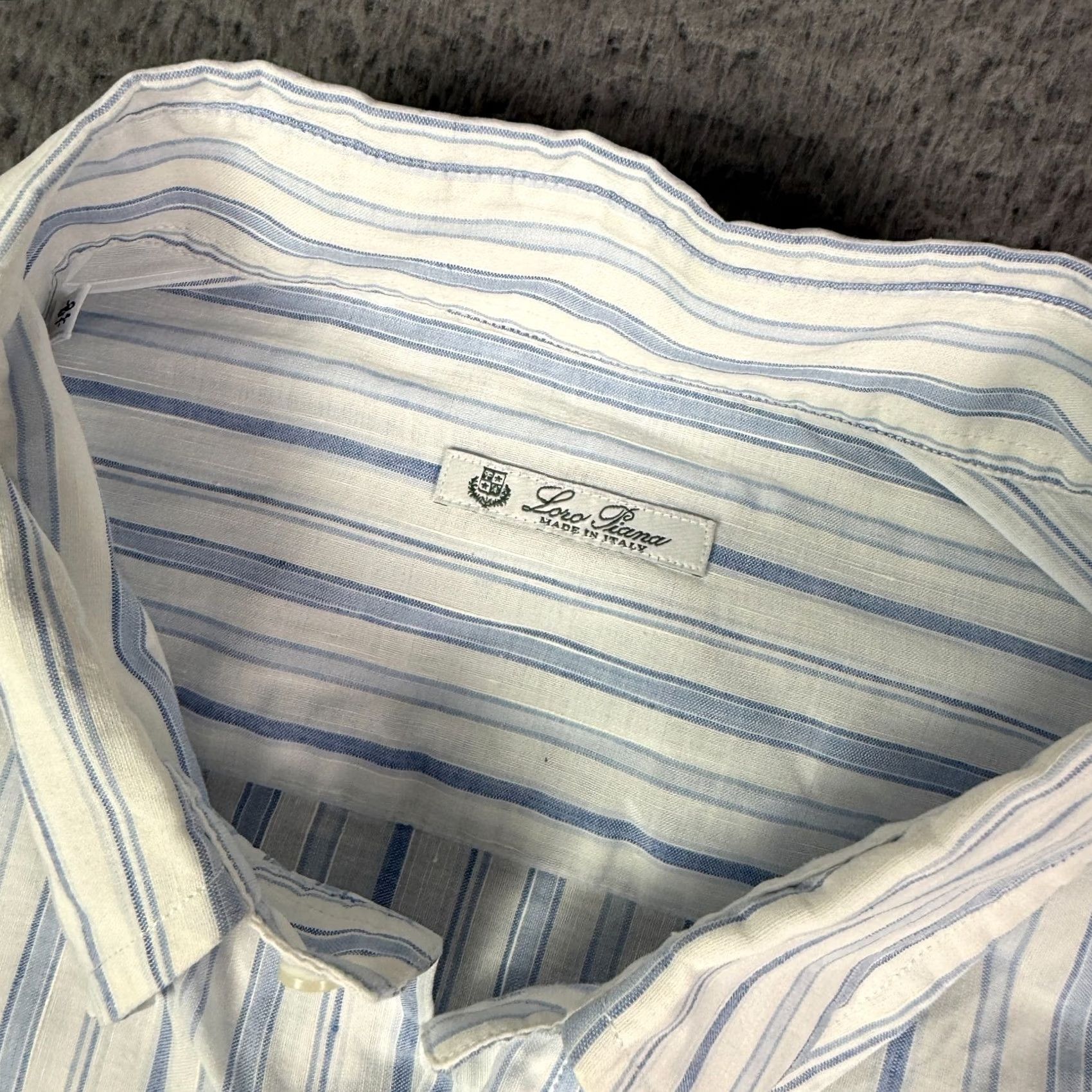 Loro Piana Loro Piana Shirt Mens 18/45 White Blue Striped Linen Blend Long Sleeve Pocket Button-Up Shirt Mens 2XL Blue Size US XXL / EU 58 / 5 - 3 Thumbnail