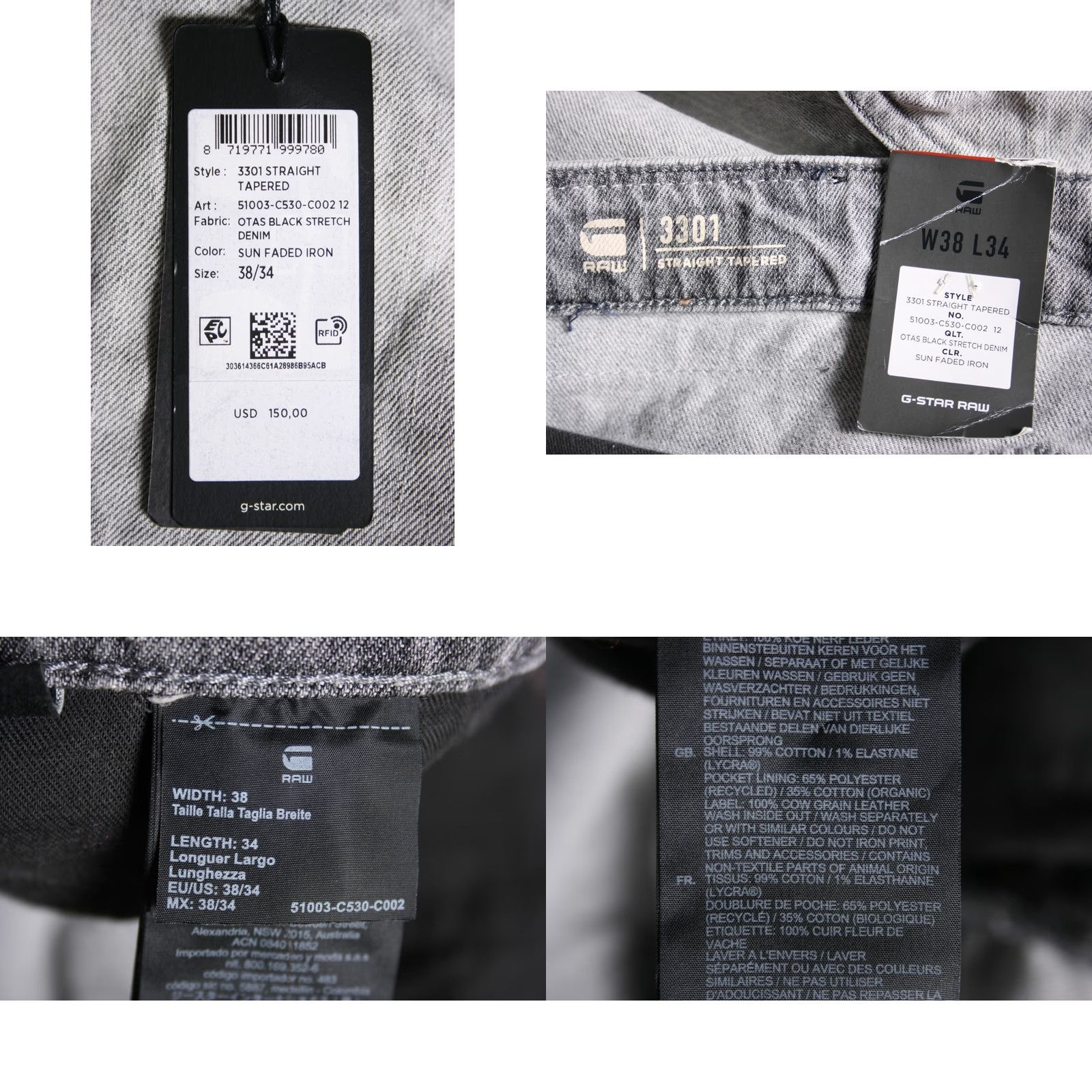 G-Star G-STAR RAW 3301 Jeans Tapered Sun Faded Iron 40x33 Mens Denim 99% Cotton 1% Elastane Bagl Bangladesh Tag 38x34 40" Waist Regular Inseam 33" Gray Size US 40 / EU 56 - 8 Thumbnail