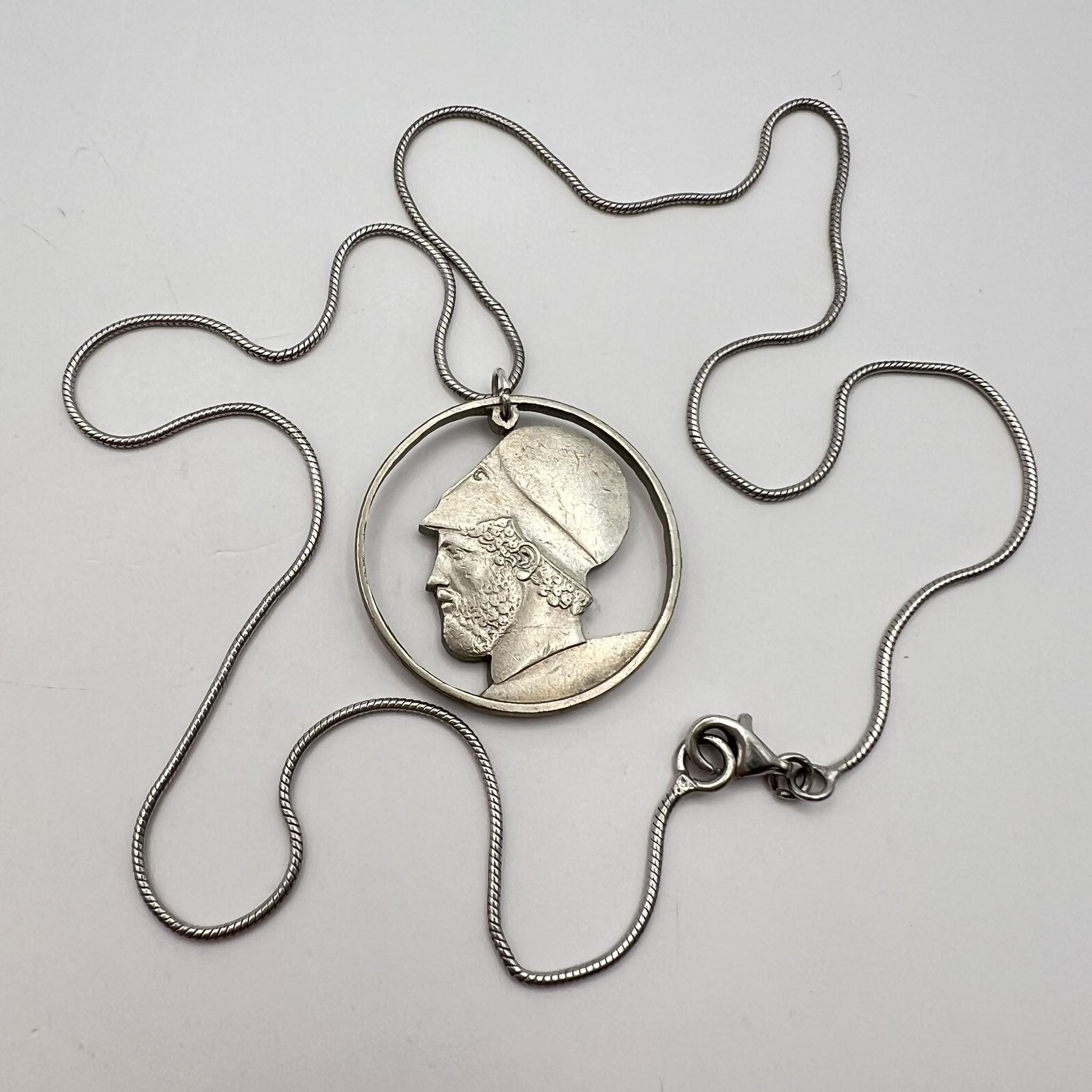 Sterling Silver 1980 Vintage Jewelry Silver 925 Necklace Greece Silver Coin Size ONE SIZE - 5 Thumbnail